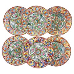 Antique Chinese Export Canton Famille Rose Medallion Reticulated Rim Plates, Set of 6