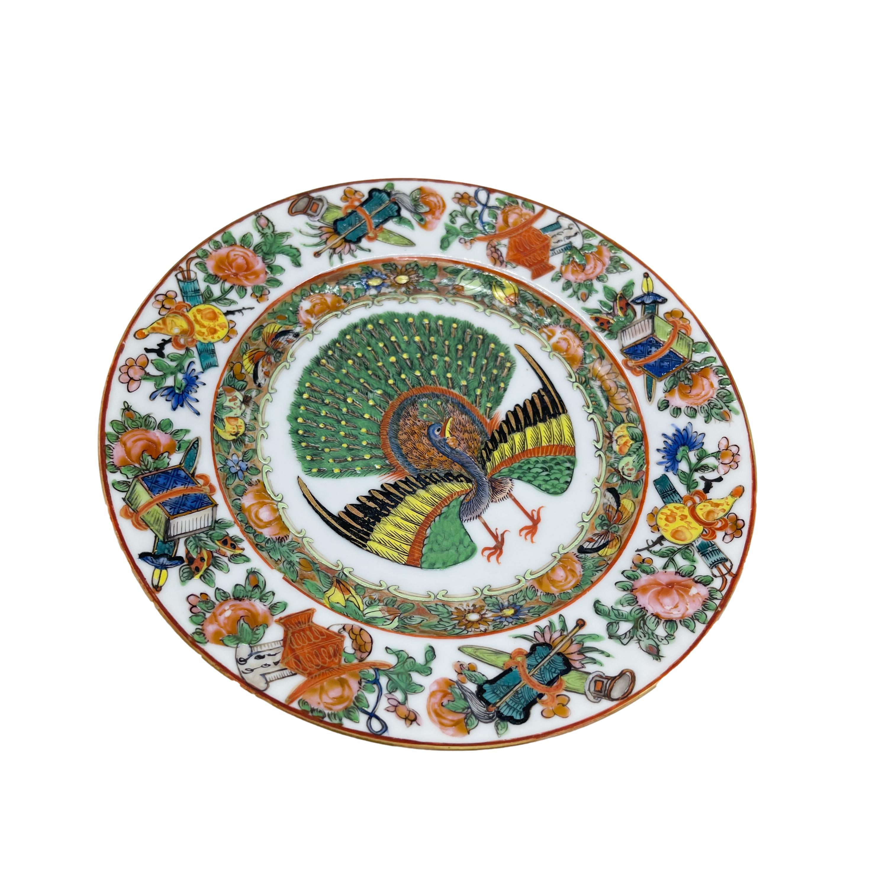 Polychromed Chinese Export Canton Famille Rose Plate with Rare Central Peacock, ca. 1865 For Sale