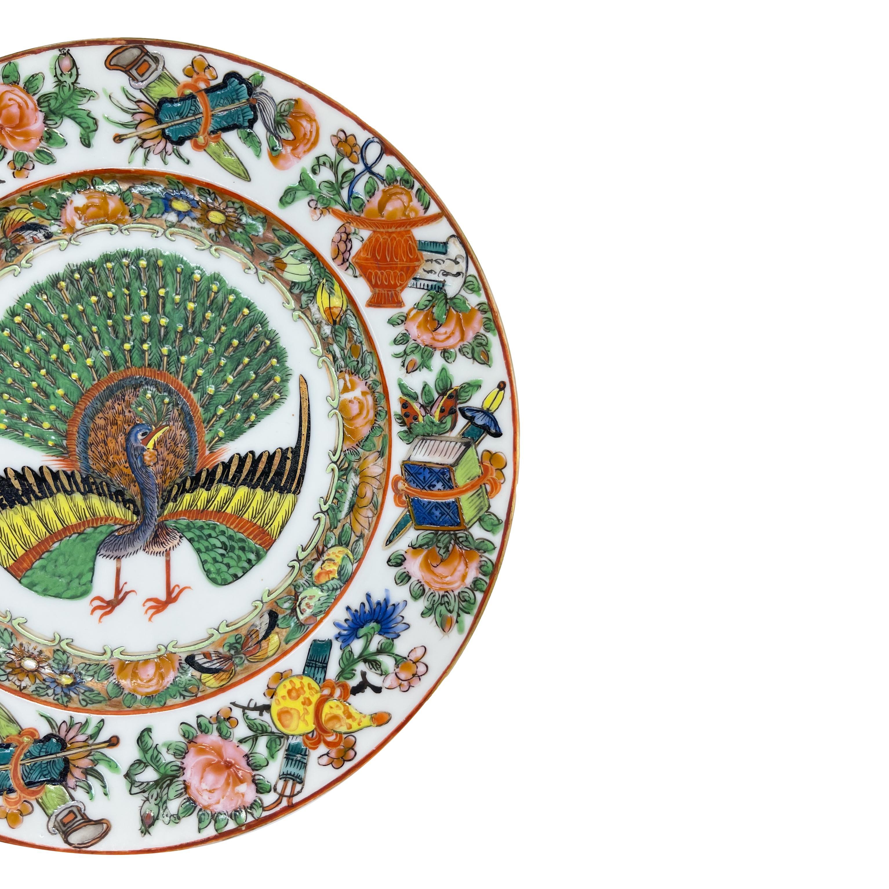 19th Century Chinese Export Canton Famille Rose Plate with Rare Central Peacock, ca. 1865 For Sale