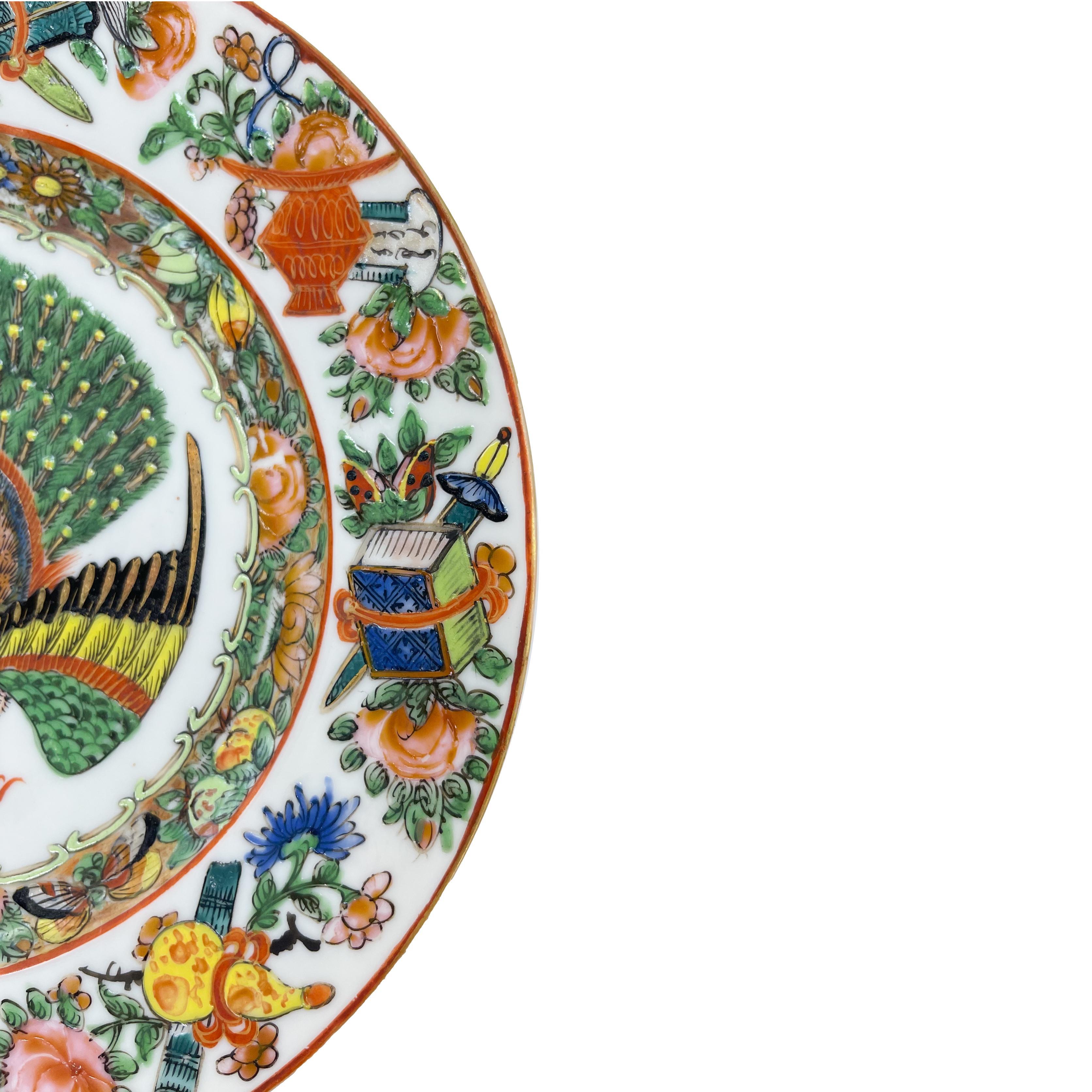 Enamel Chinese Export Canton Famille Rose Plate with Rare Central Peacock, ca. 1865 For Sale