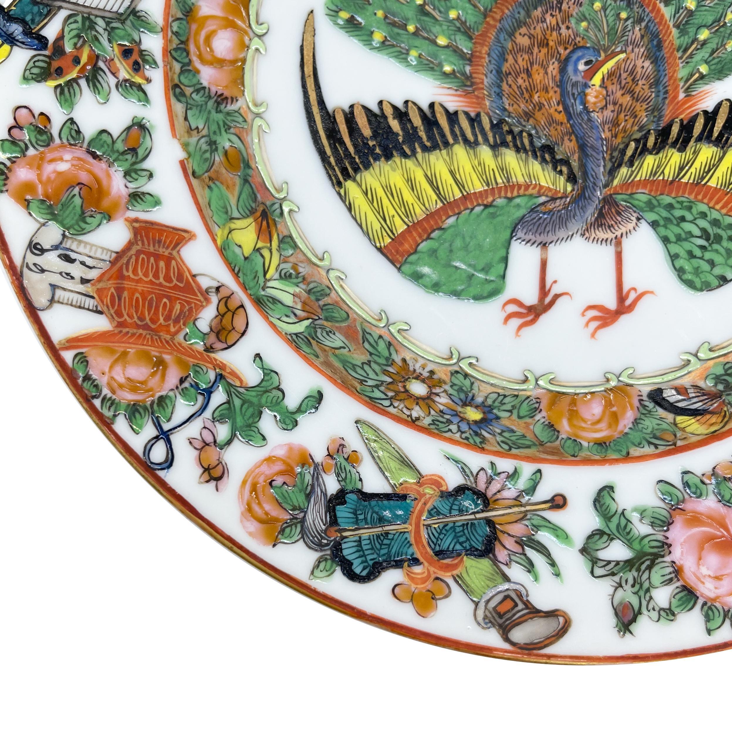 Chinese Export Canton Famille Rose Plate with Rare Central Peacock, ca. 1865 For Sale 2