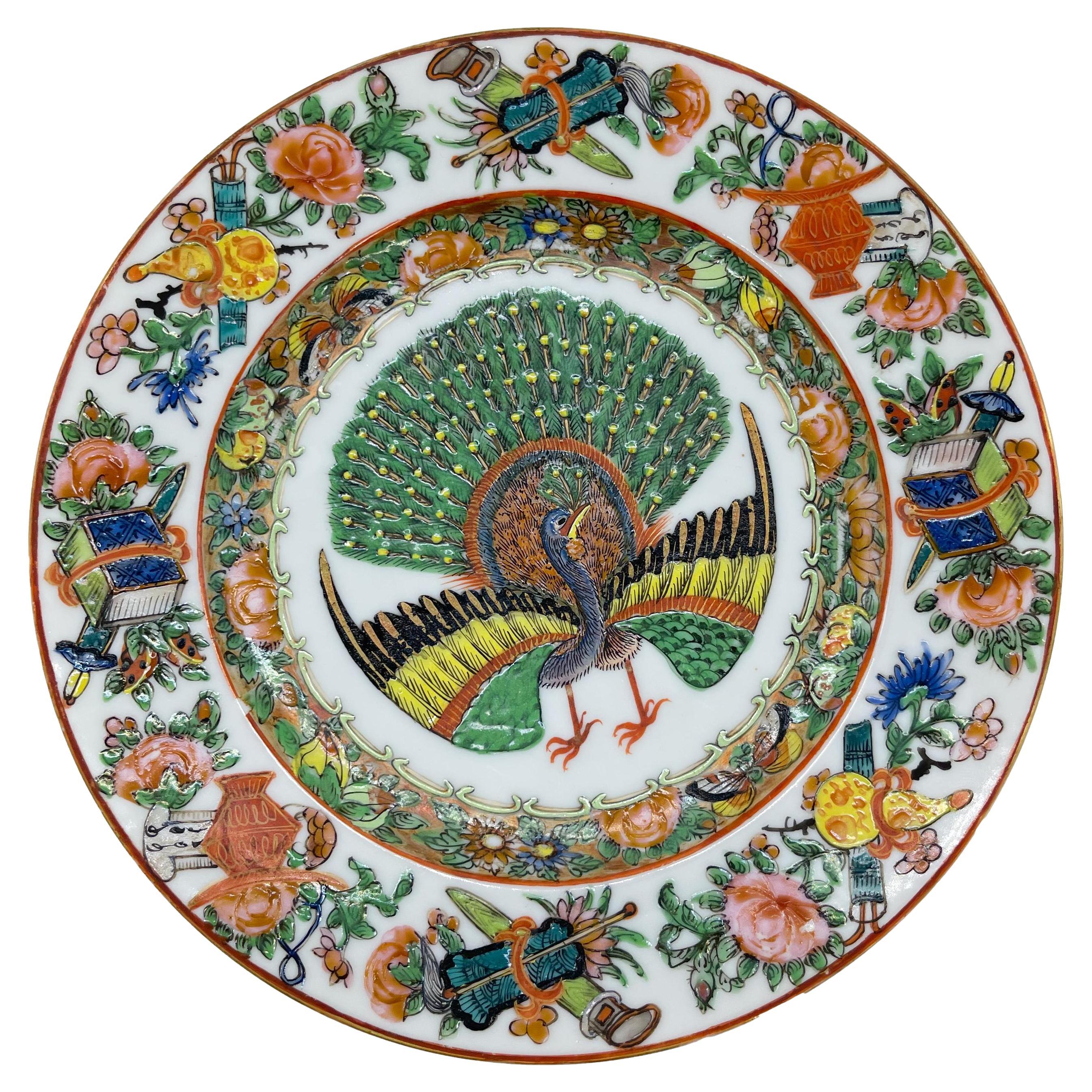 Chinese Export Canton Famille Rose Plate with Rare Central Peacock, ca. 1865 For Sale