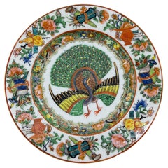Antique Chinese Export Canton Famille Rose Plate with Rare Central Peacock, ca. 1865