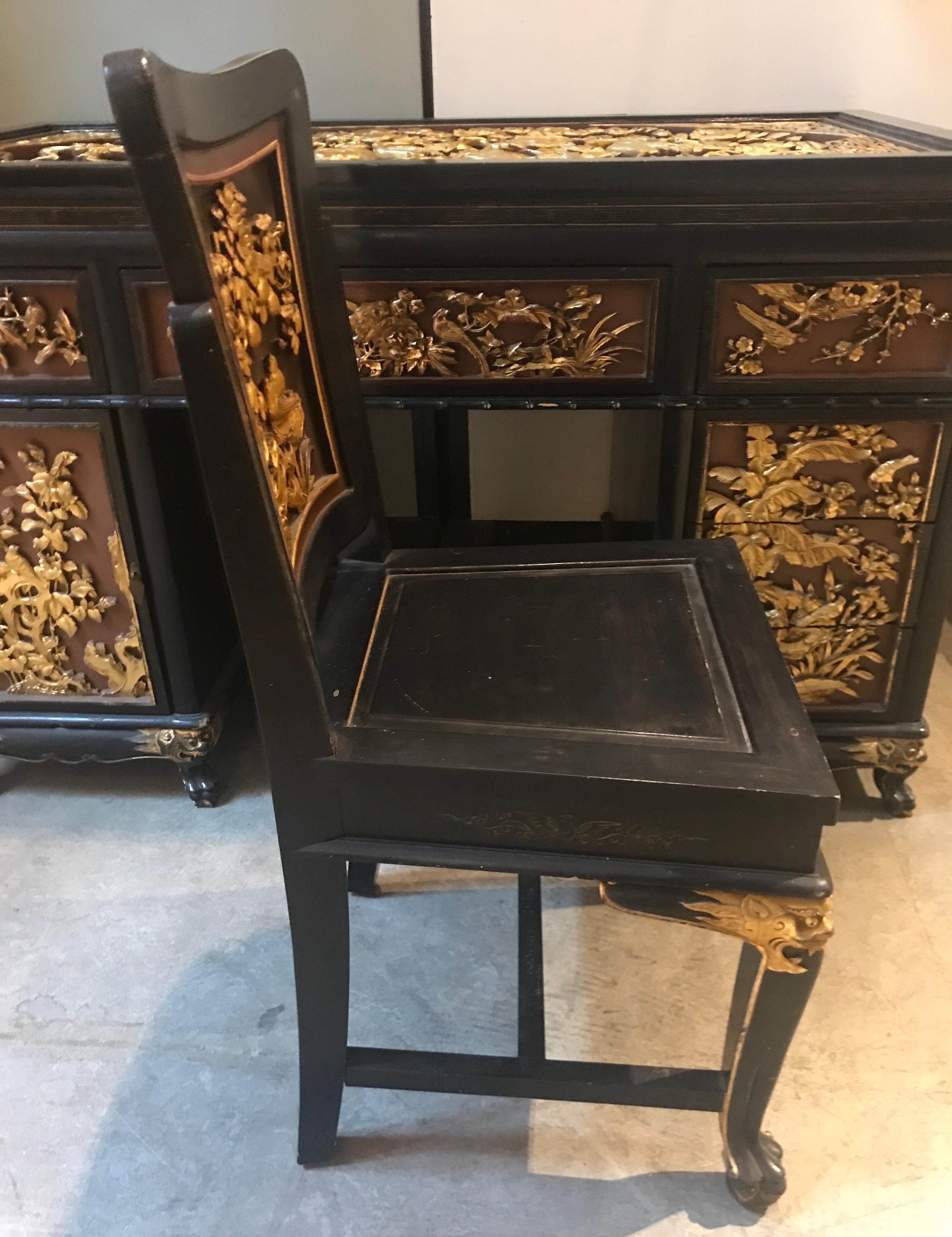 Antique Chinese Export Carved and Gilded Black Lacquered Desk and Chair For Sale 11