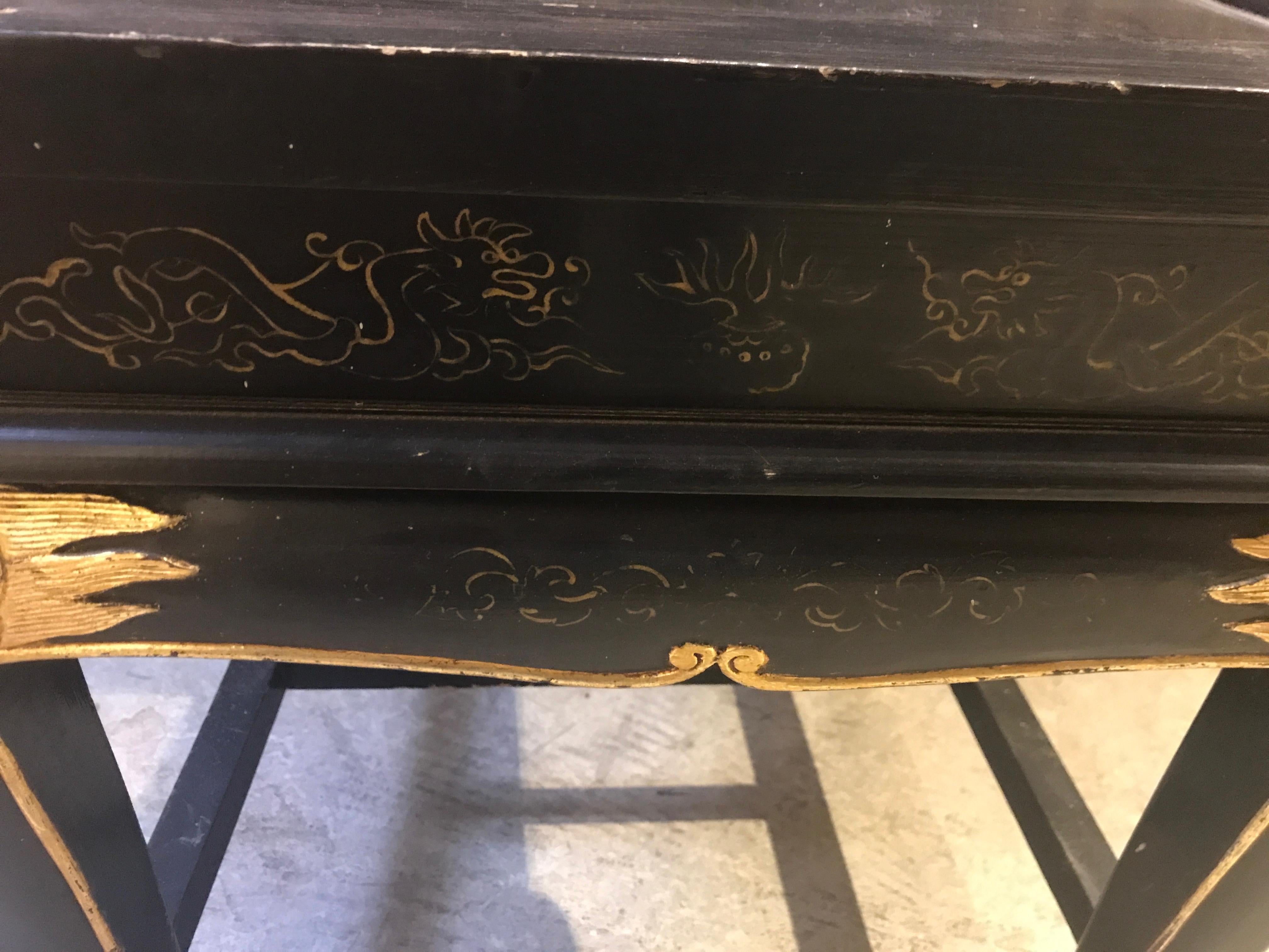 Antique Chinese Export Carved and Gilded Black Lacquered Desk and Chair For Sale 12