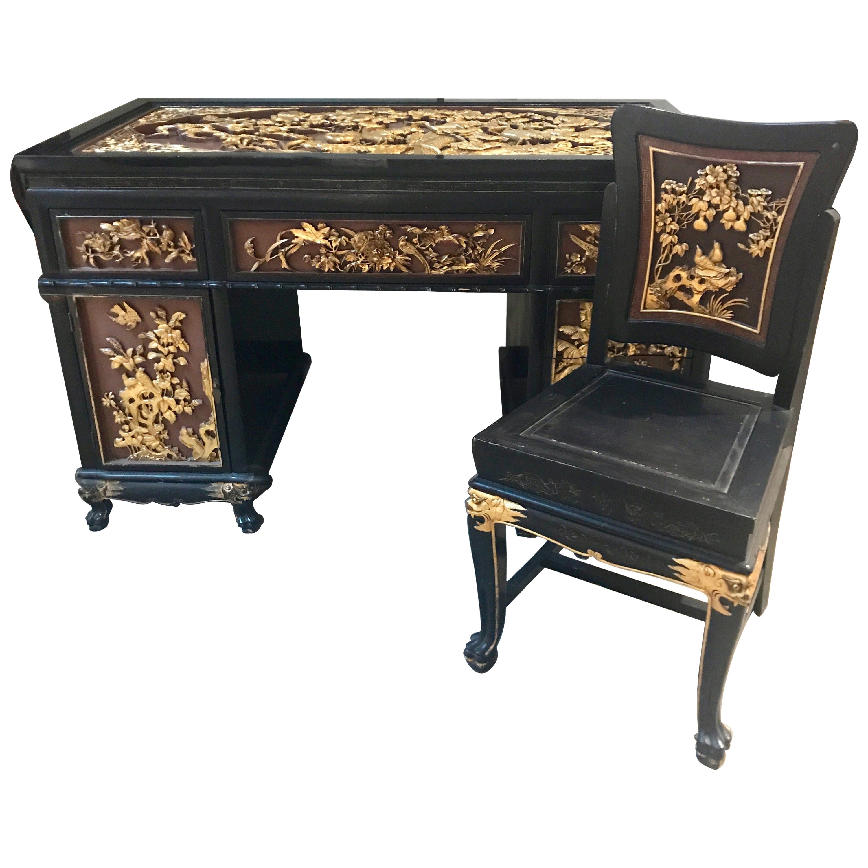 Antique Chinese Export Carved and Gilded Black Lacquered Desk and Chair For Sale