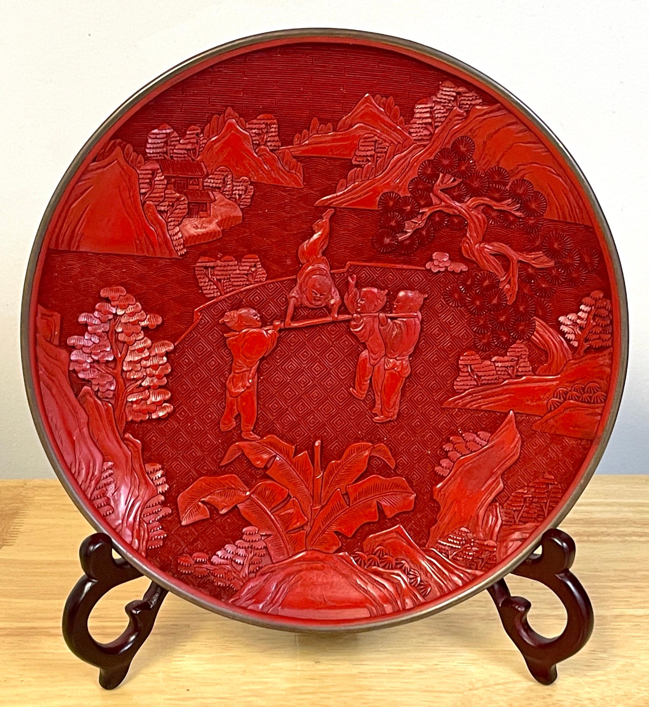 Chinese Export Carved Cinnabar 'Acrobats' Display Plate, & Stand 4