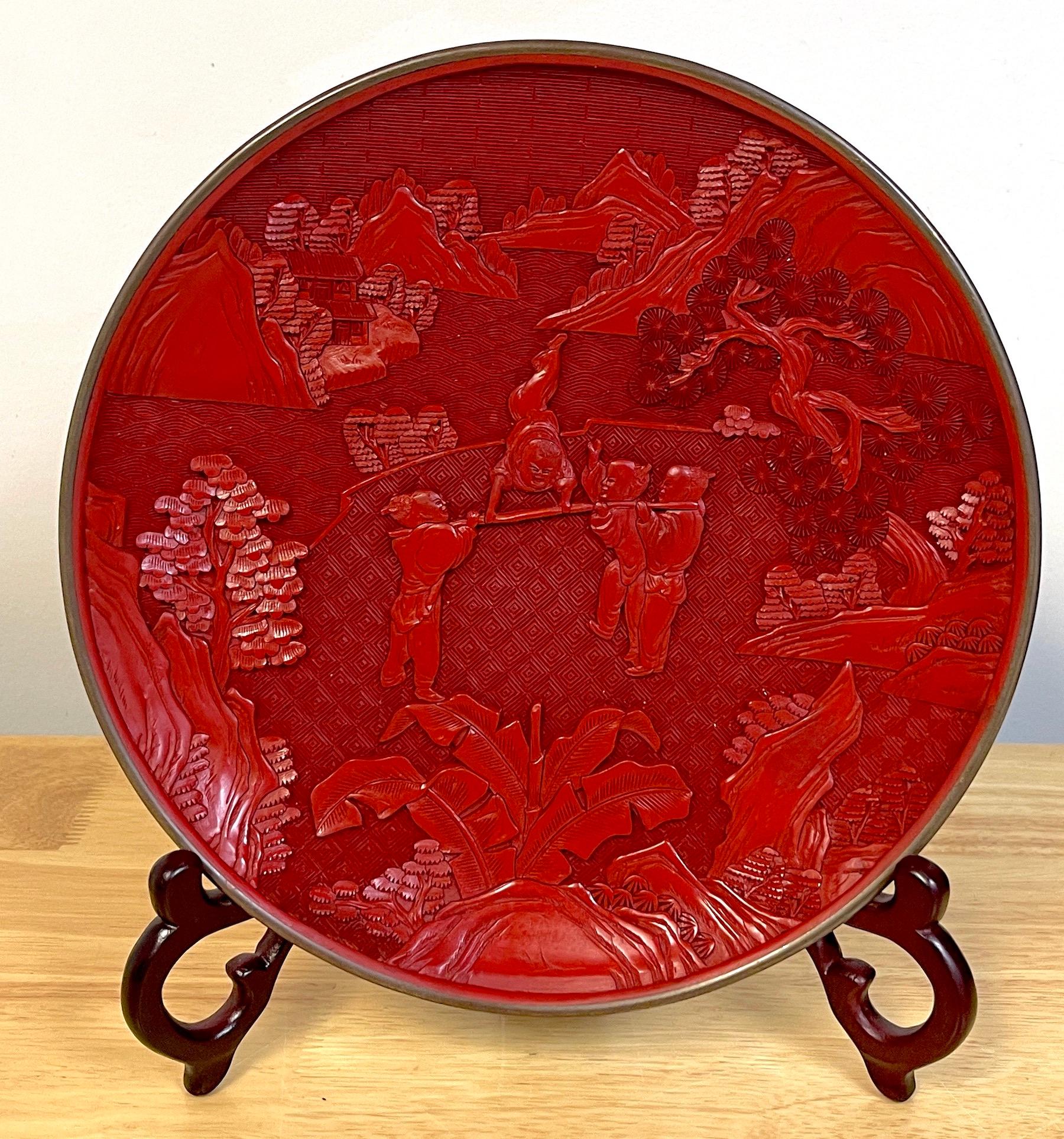 Hand-Carved Chinese Export Carved Cinnabar 'Acrobats' Display Plate, & Stand