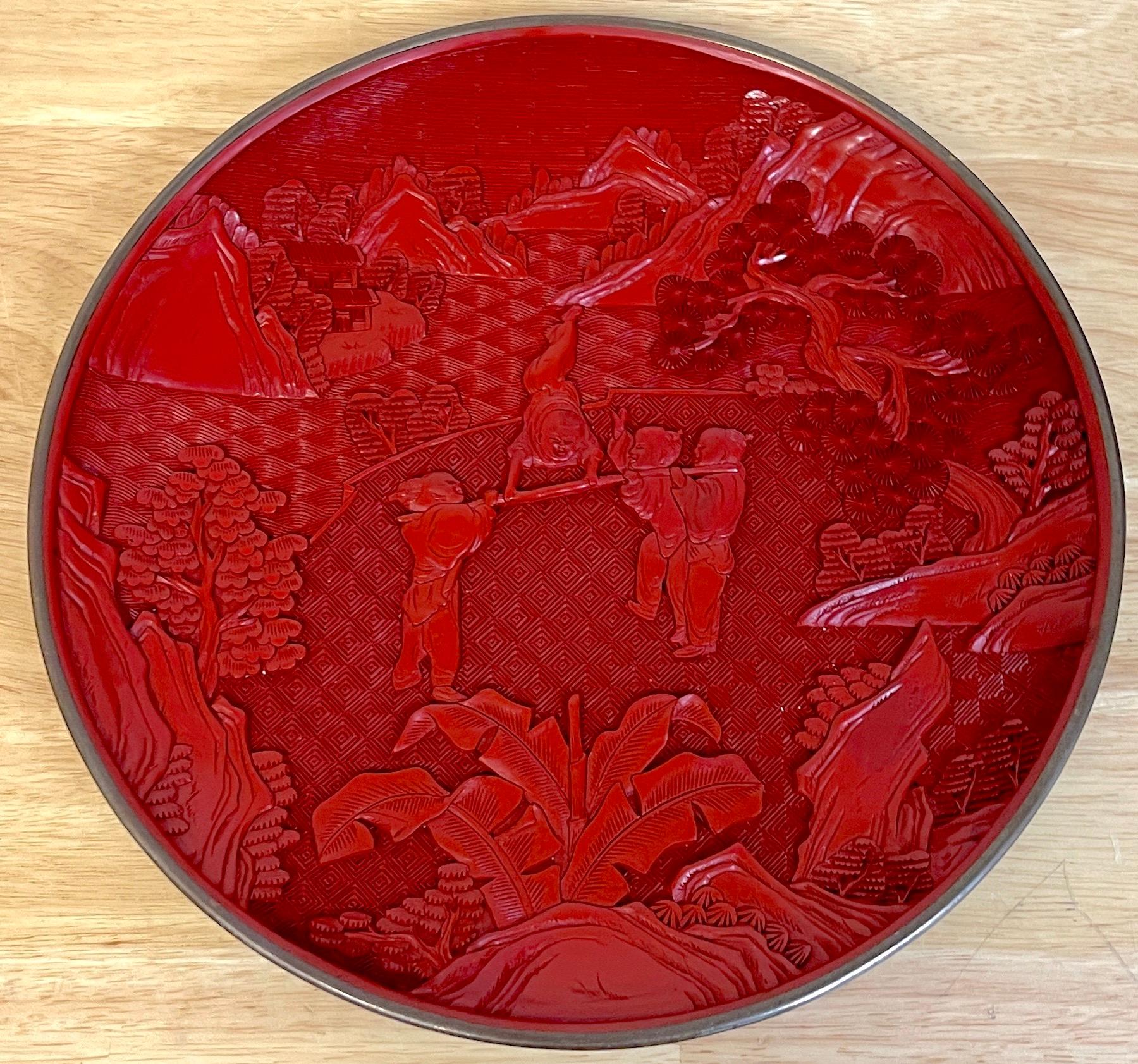 Chinese Export Carved Cinnabar 'Acrobats' Display Plate, & Stand 2