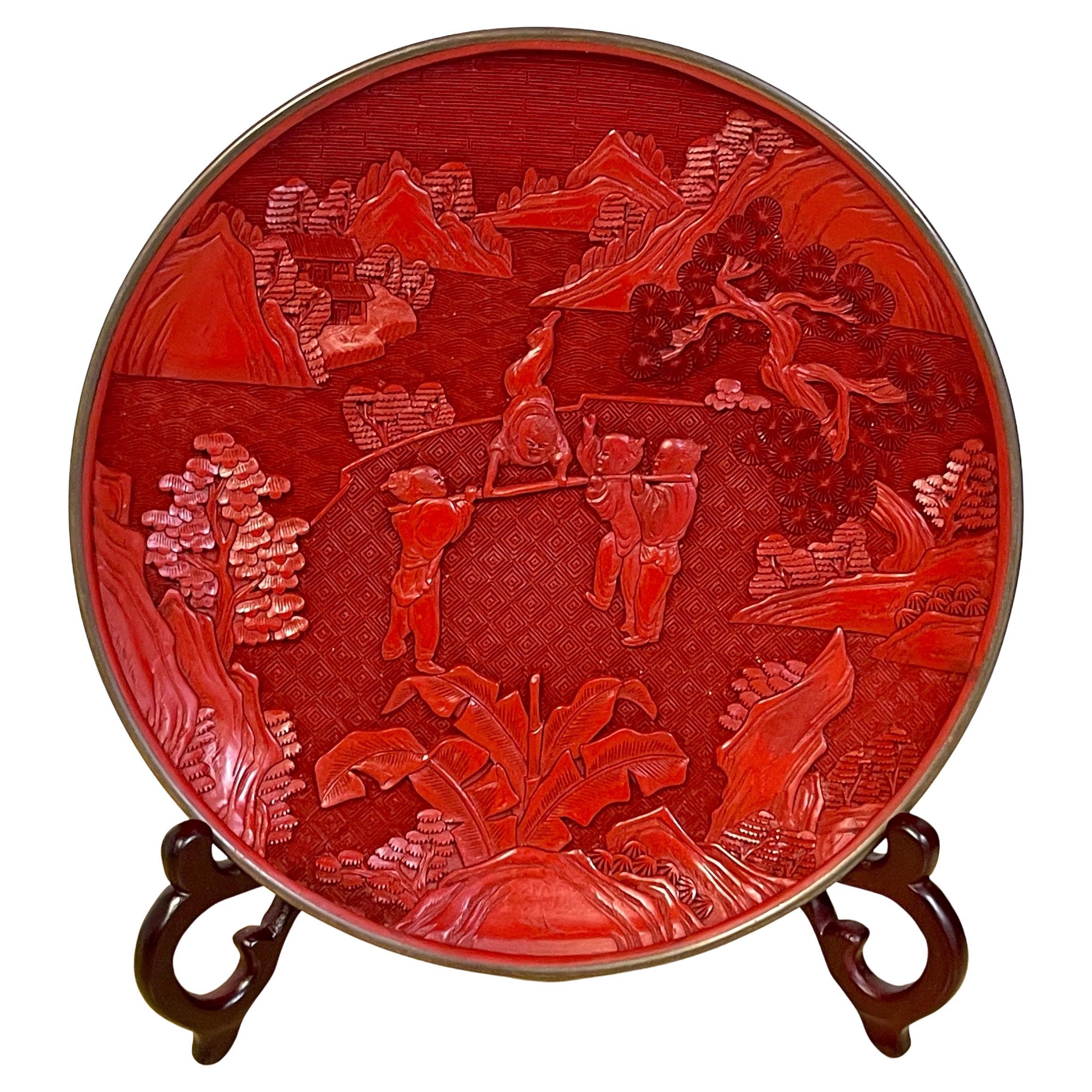 Chinese Export Carved Cinnabar 'Acrobats' Display Plate, & Stand