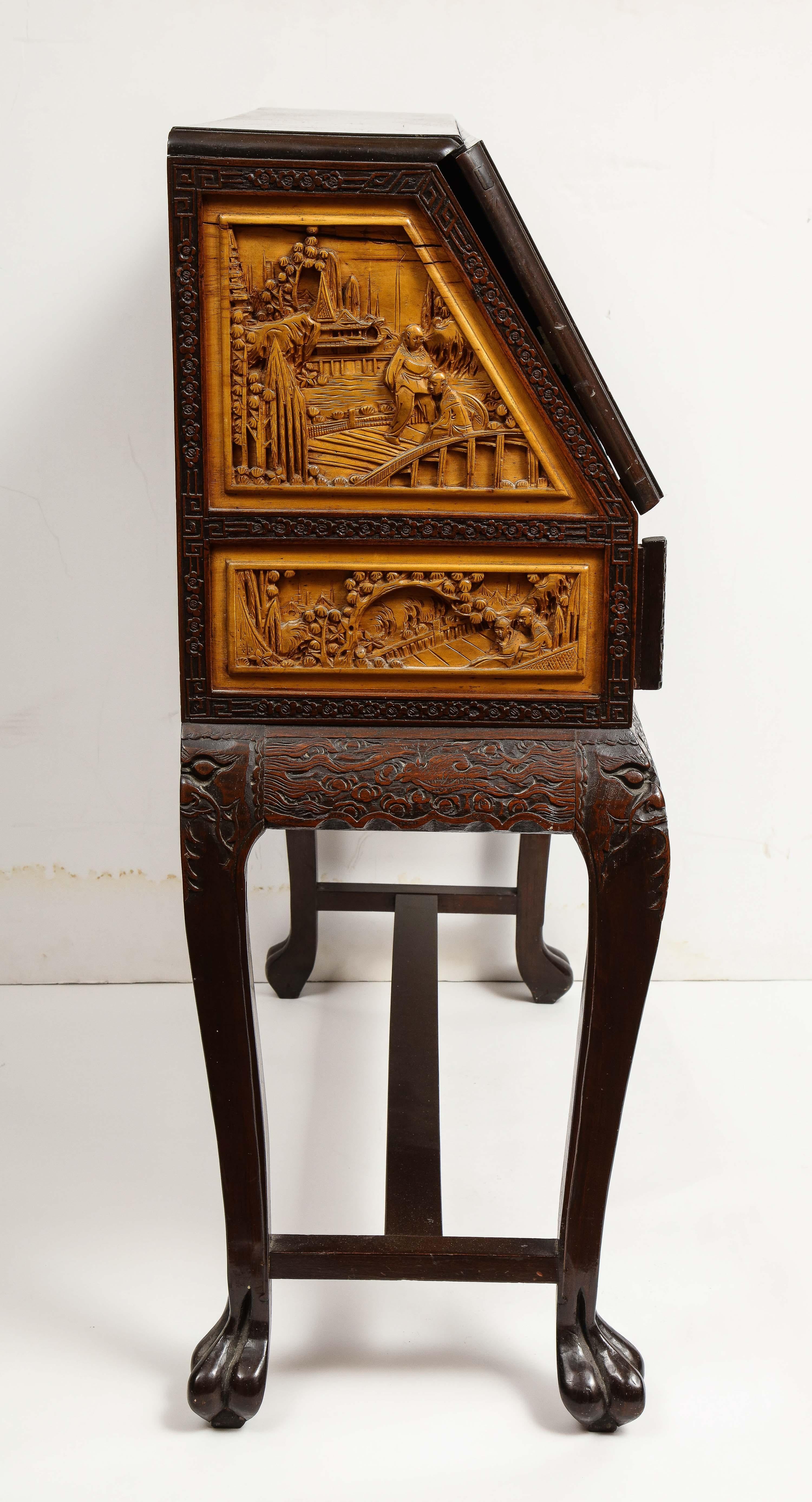 Chinese Export Carved Figural Hard Wood Desk Cabinet, circa 1900s 7