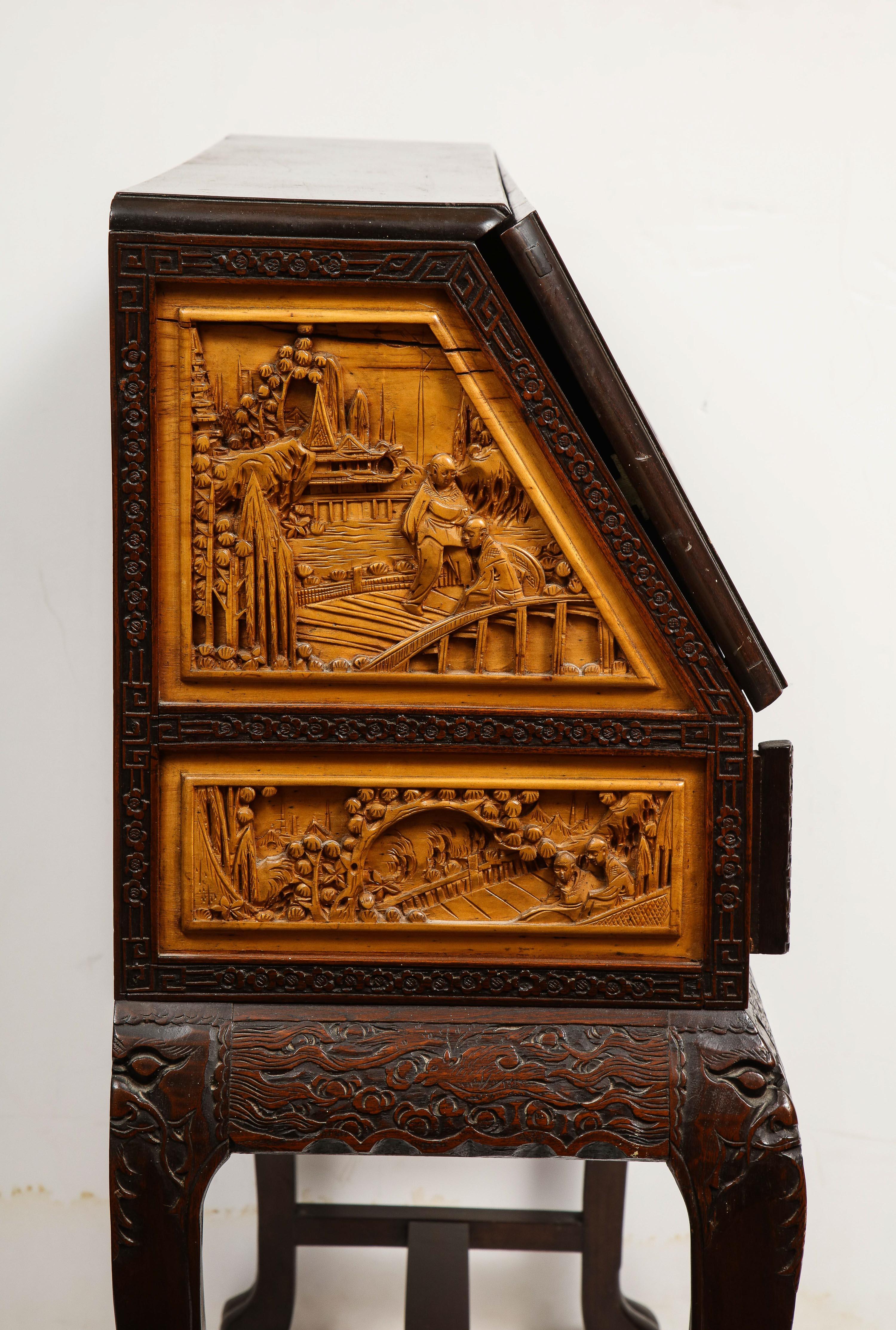 Chinese Export Carved Figural Hard Wood Desk Cabinet, circa 1900s 8