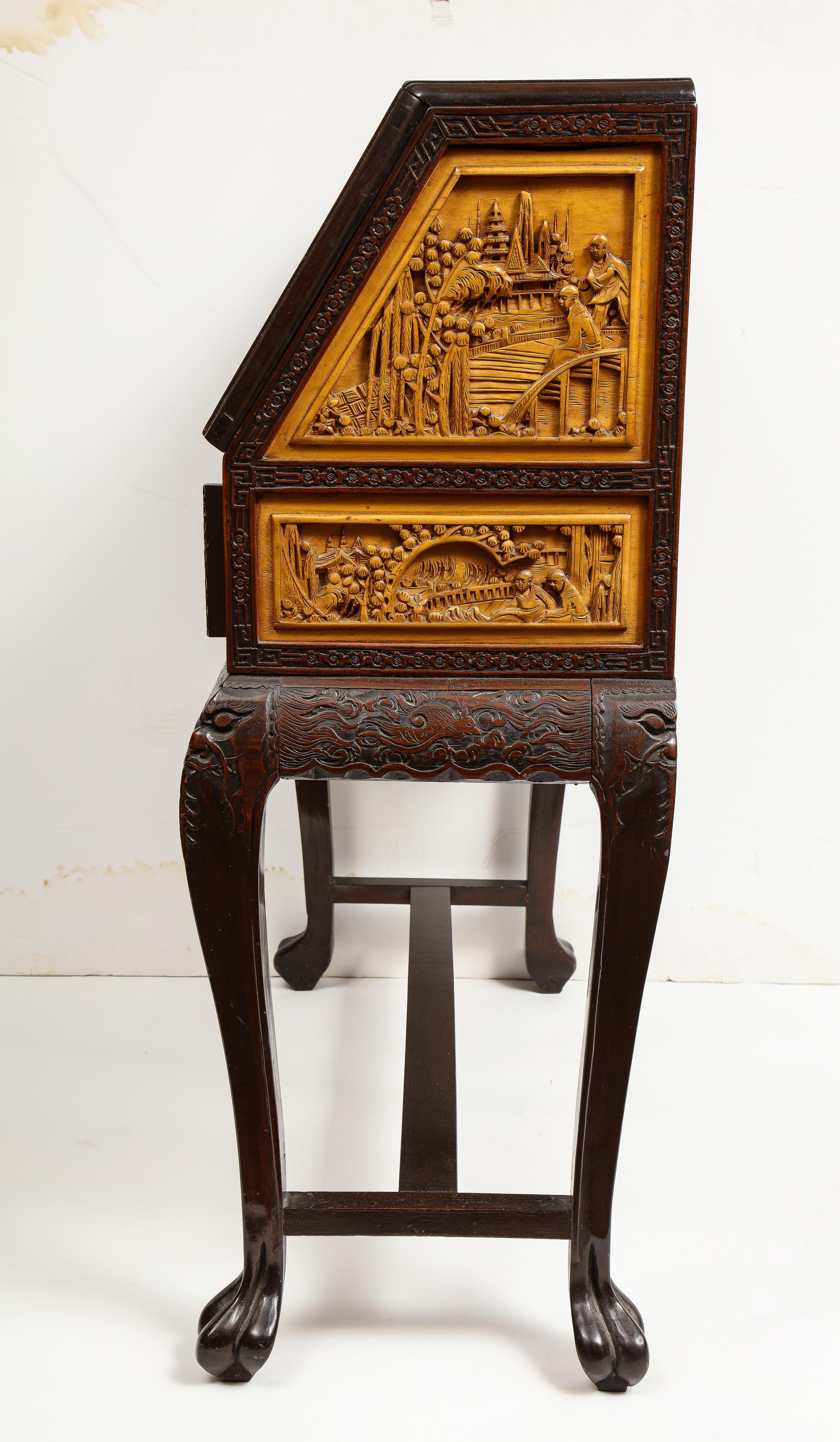 Chinese Export Carved Figural Hard Wood Desk Cabinet, circa 1900s 11