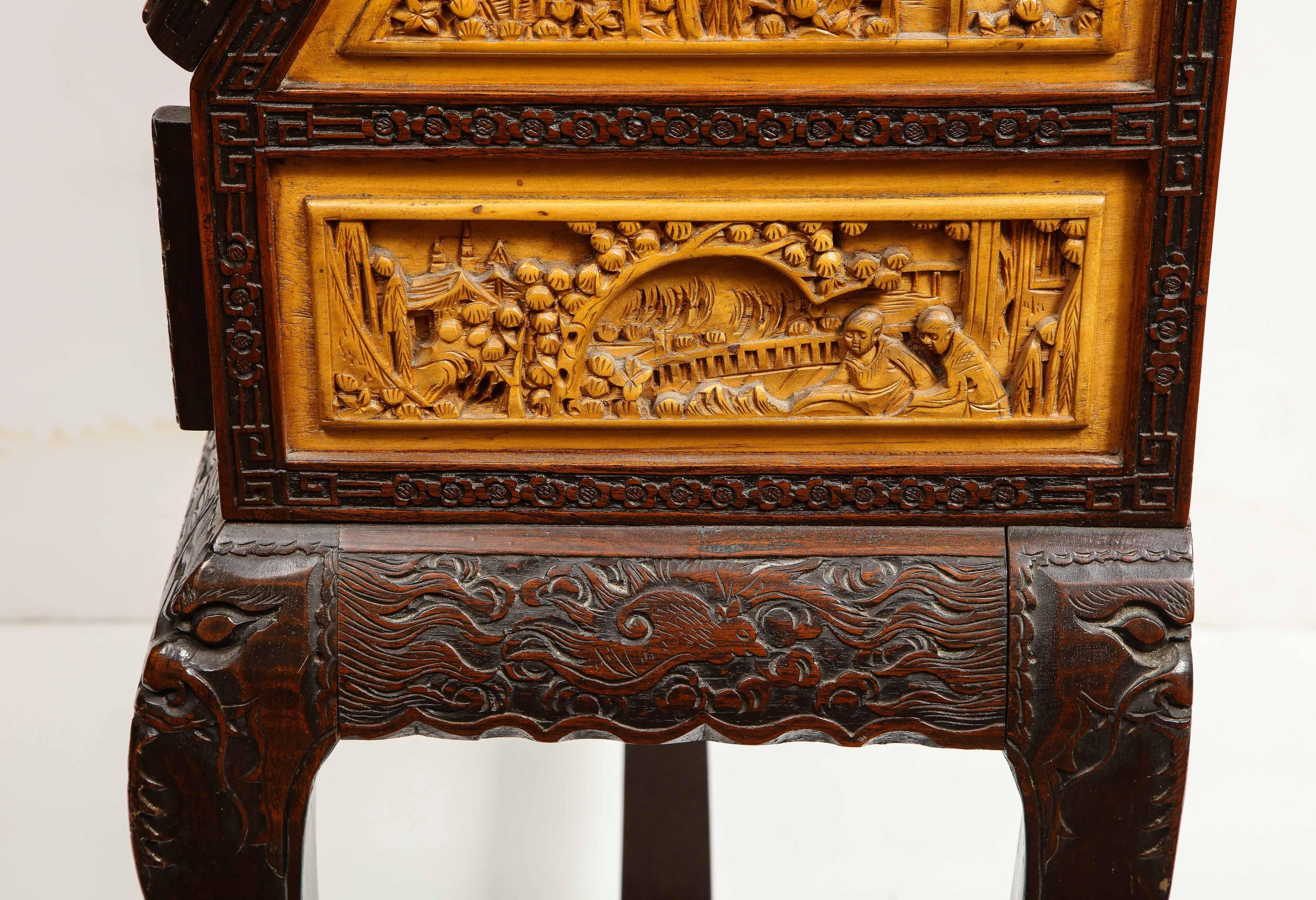 Chinese Export Carved Figural Hard Wood Desk Cabinet, circa 1900s 12