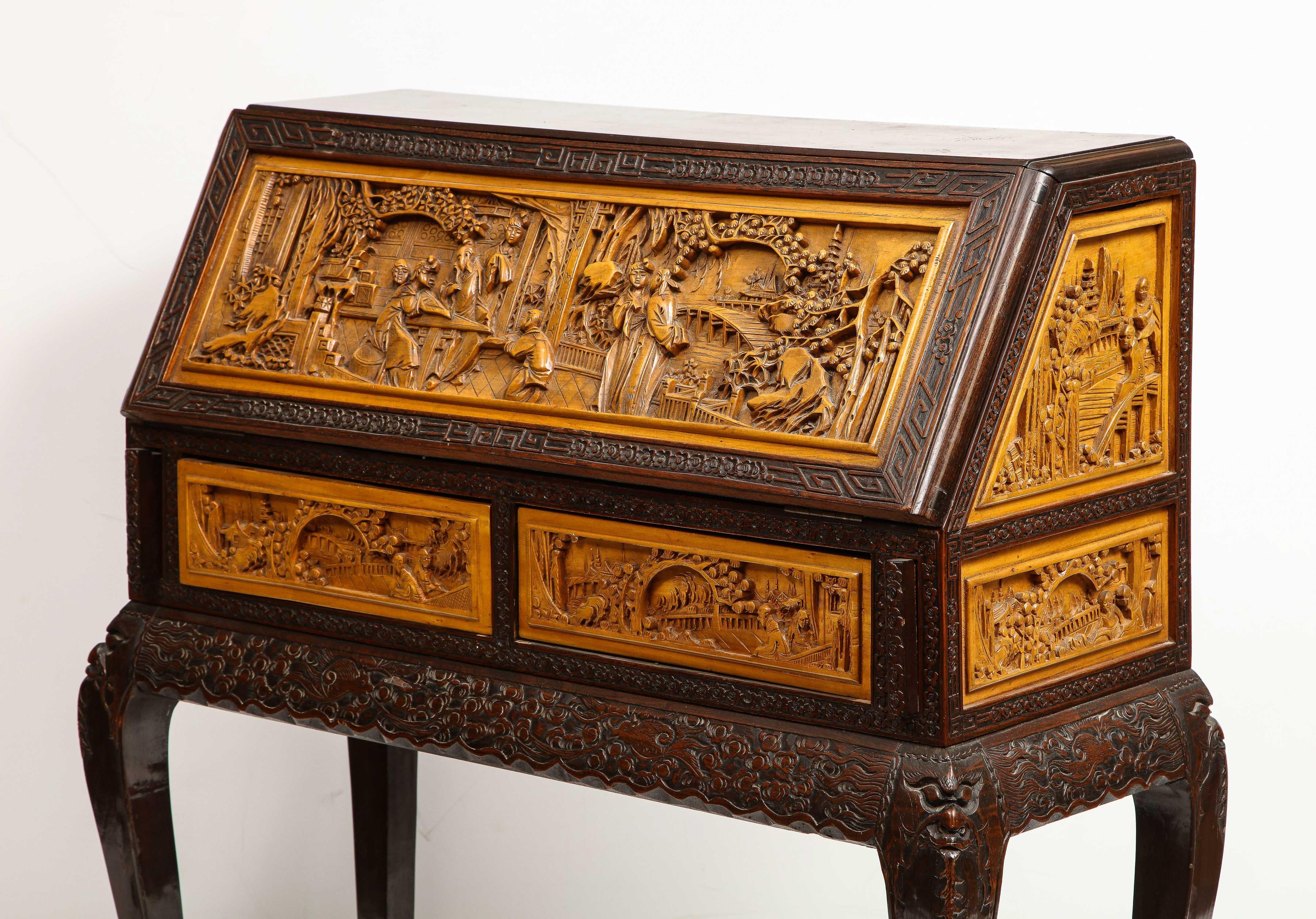 Chinese Export Carved Figural Hard Wood Desk Cabinet, circa 1900s 13