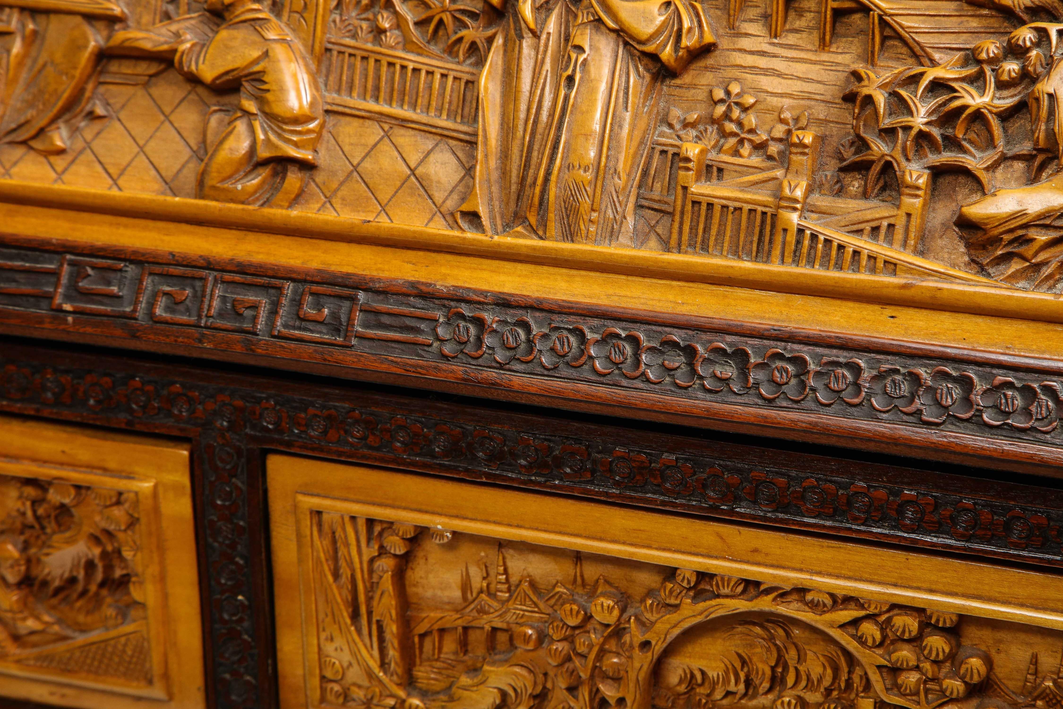 Chinese Export Carved Figural Hard Wood Desk Cabinet, circa 1900s 15