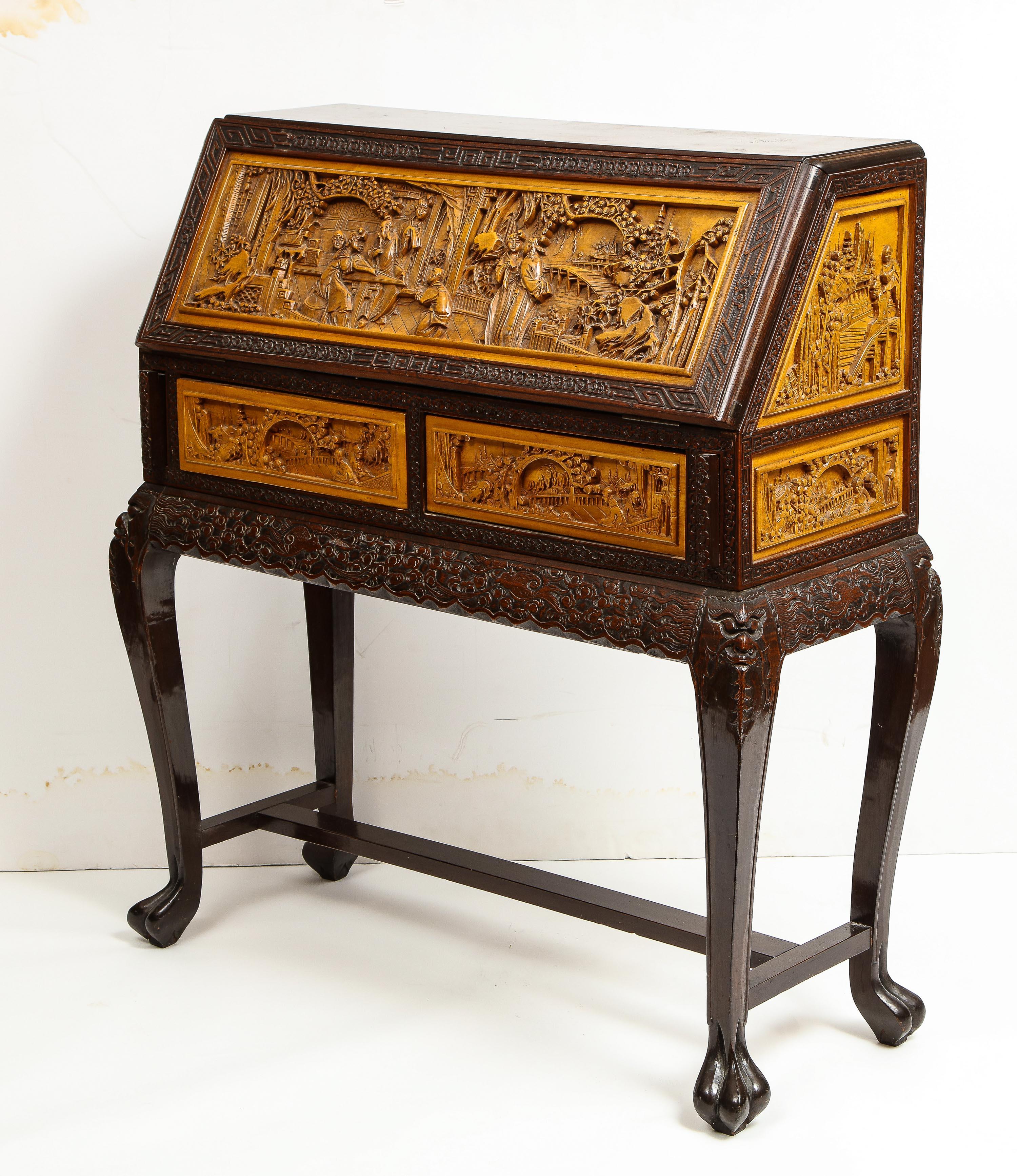 Chinese Export Carved Figural Hard Wood Desk Cabinet, circa 1900s In Good Condition In New York, NY