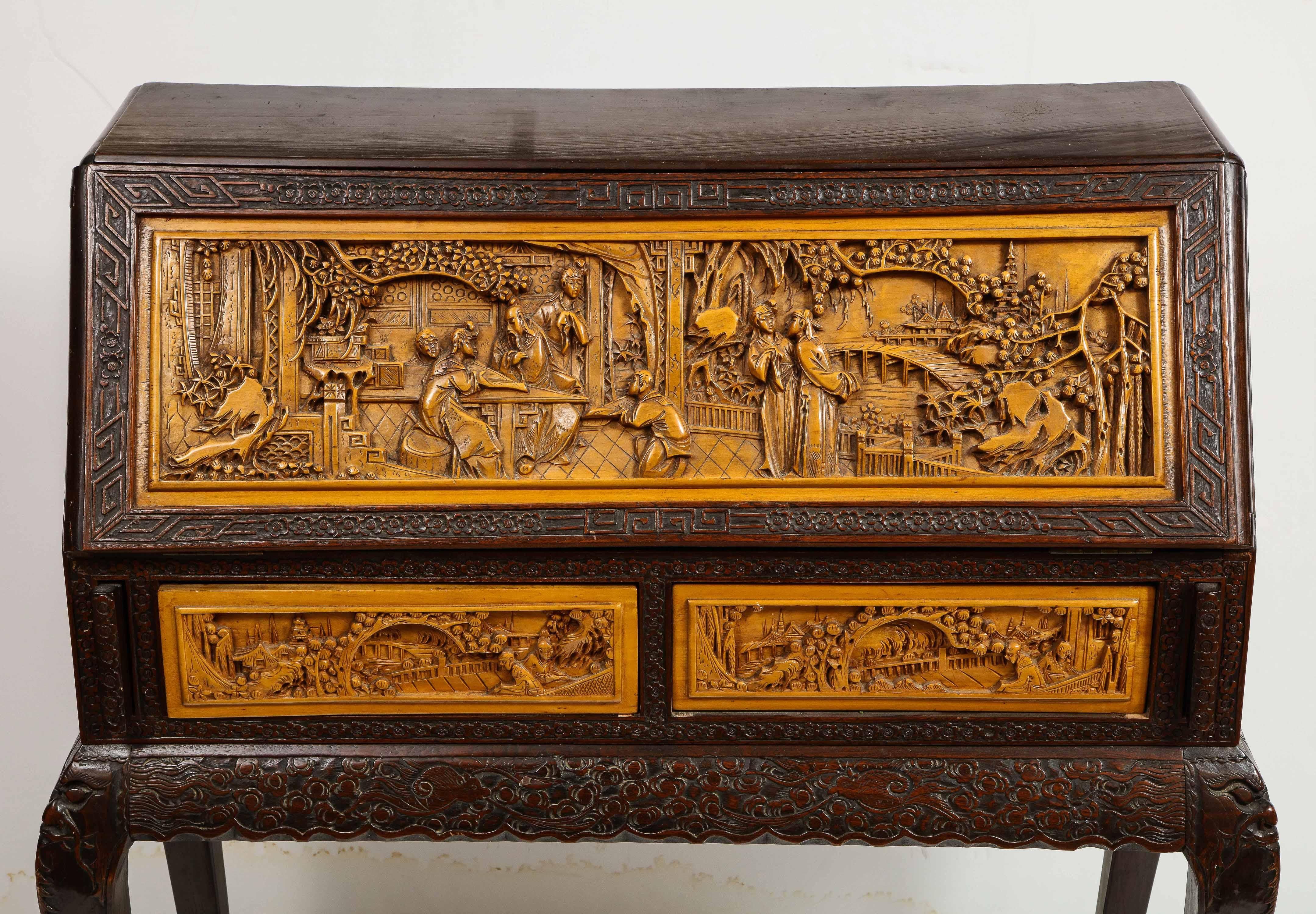 20th Century Chinese Export Carved Figural Hard Wood Desk Cabinet, circa 1900s
