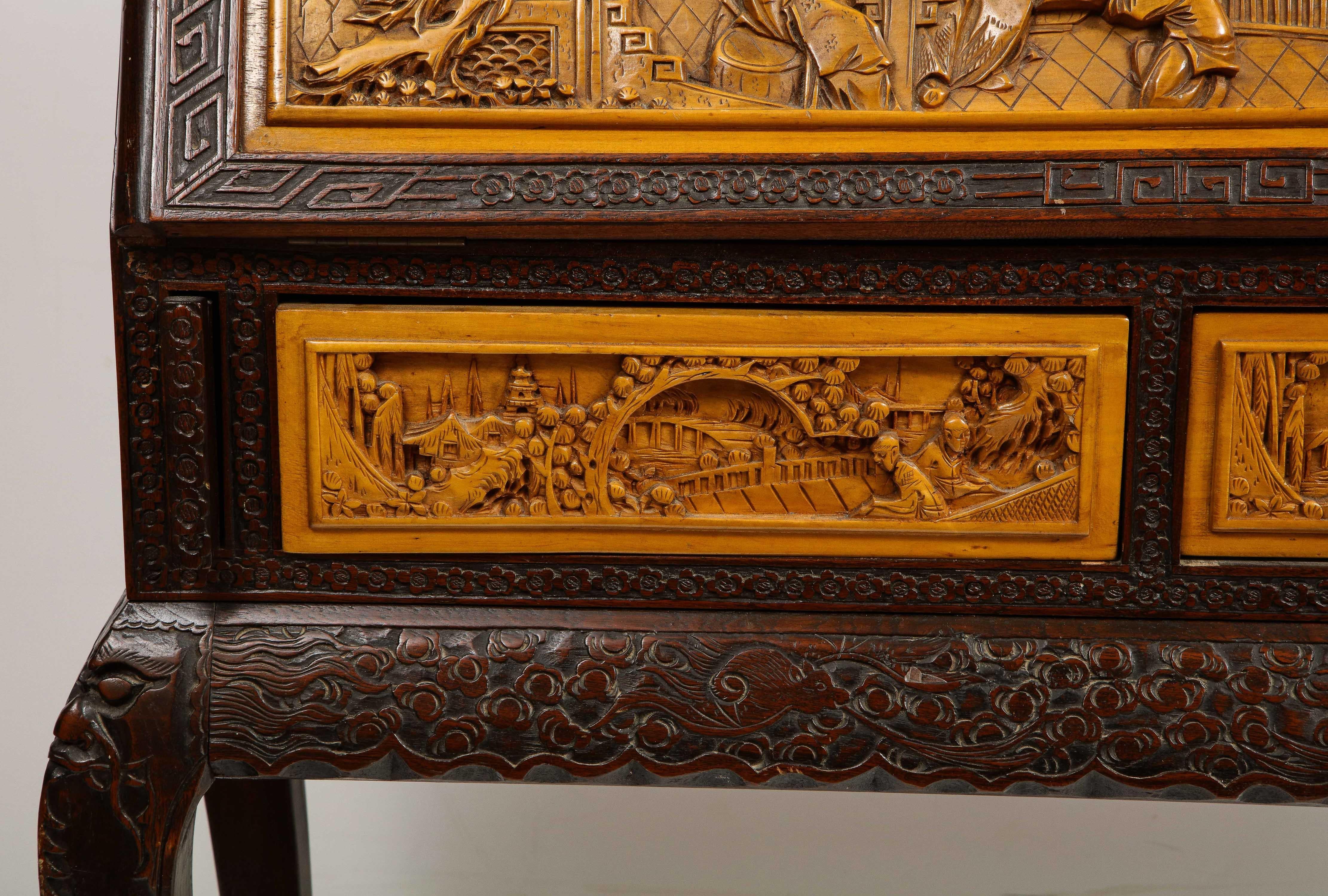 Chinese Export Carved Figural Hard Wood Desk Cabinet, circa 1900s 1
