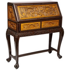 Antique Chinese Export Carved Figural Hard Wood Desk Cabinet, circa 1900s