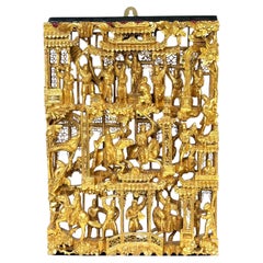 Chinese Export Carved Giltwood & Lacquer Three-Scene Battle Panel, 20th C
