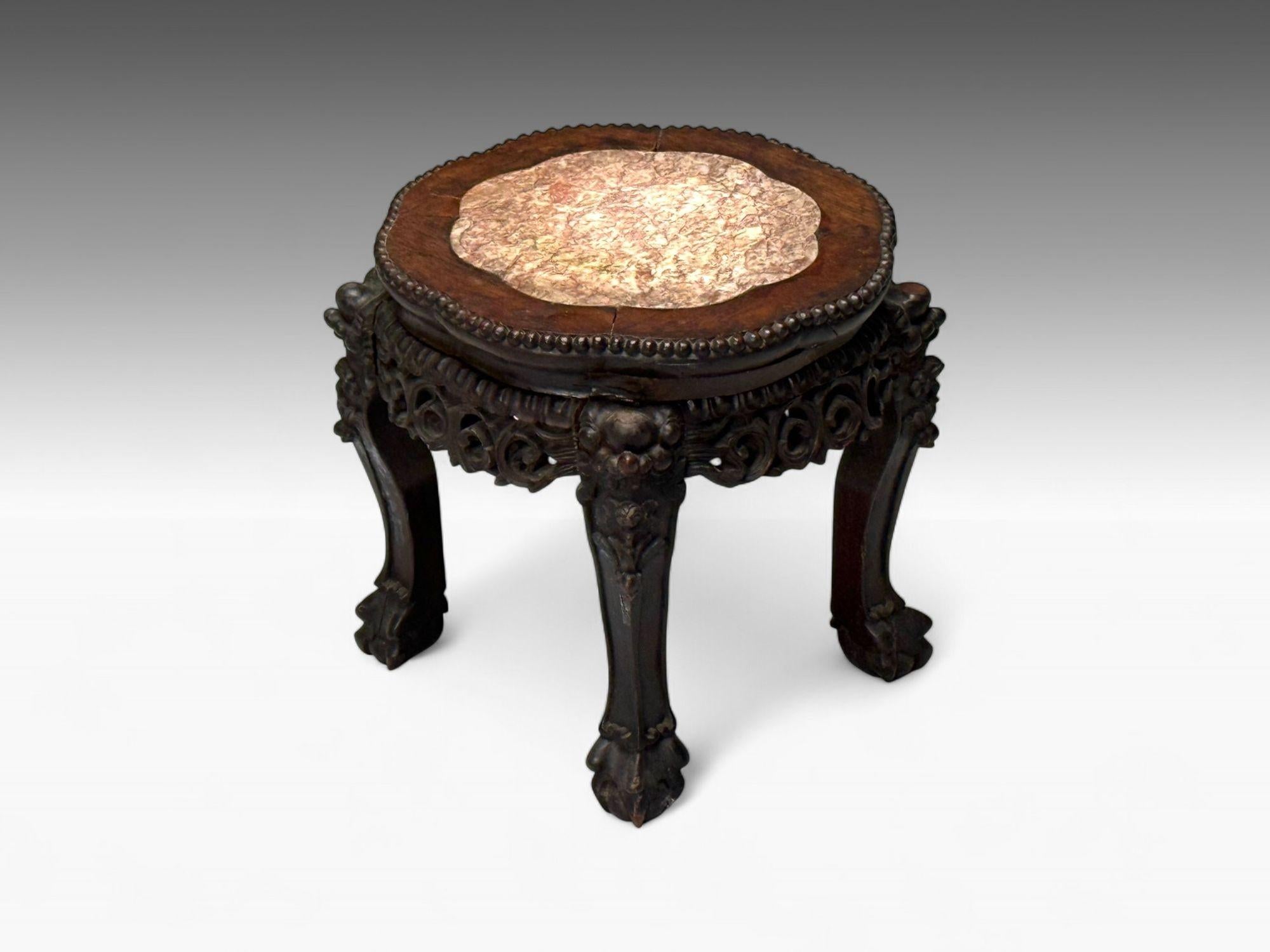 Chinese Export, Carved Hardwood, Marble, Low Pedestal, China, 1930s

A Low Pedestal or End Table of Teak wood with a Marble top. Chinese. Perfect for a plant table or pedestal, Would sit lovely alongside a chair. This is a wonderful accept table.