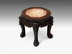 Chinese Export, Carved Hardwood Table, Marble, Low Pedestal, China, 1930s