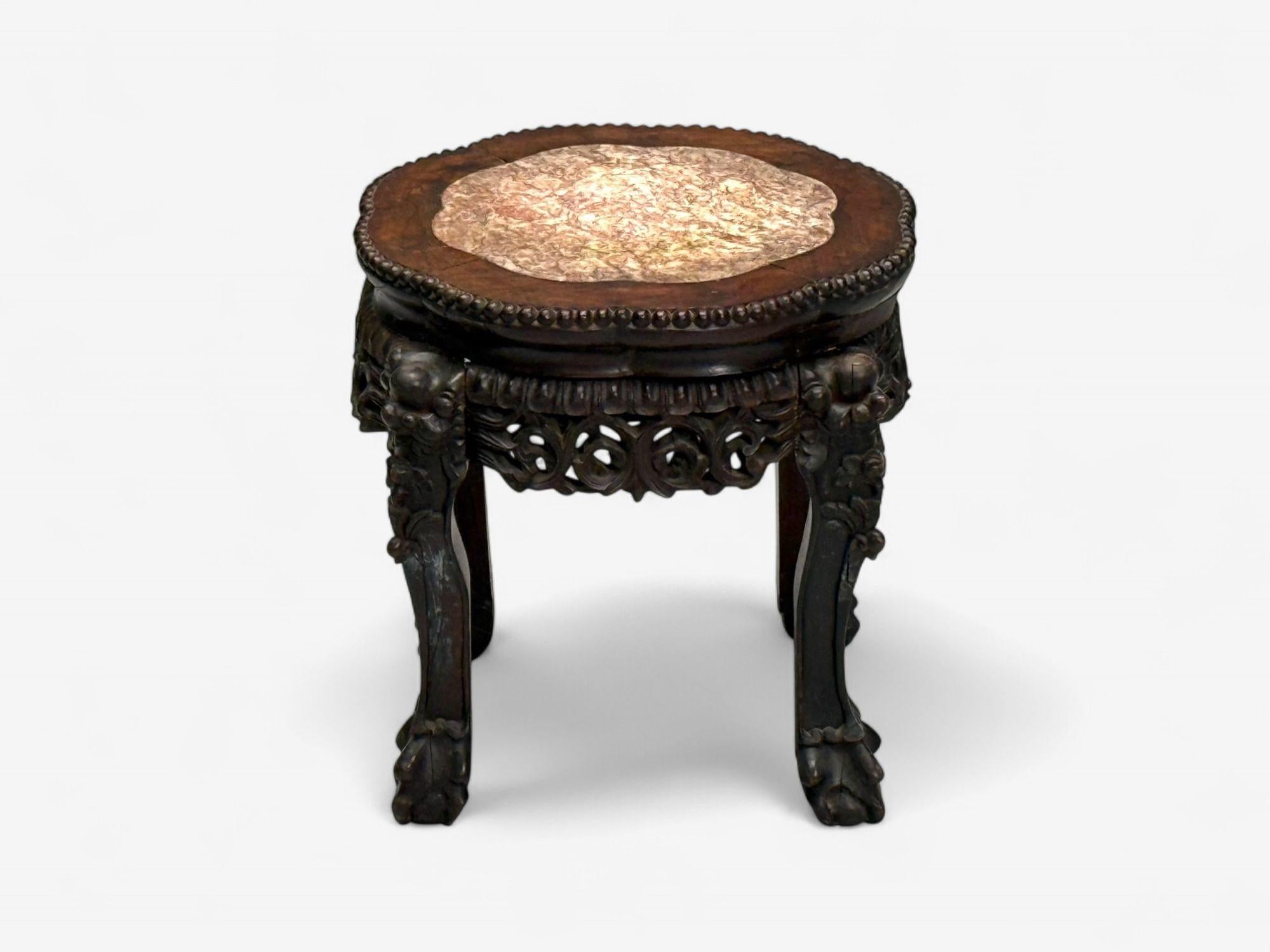 Chinese Export, Carved Hardwood Table, Marble, Low Pedestal, China, 1930s In Good Condition For Sale In Manhasset, NY