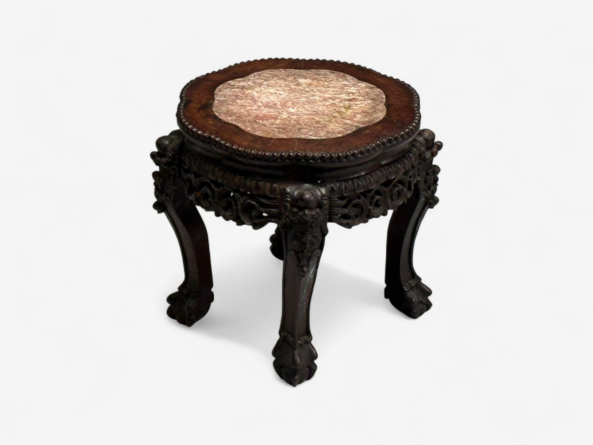 Mid-20th Century Chinese Export, Carved Hardwood Table, Marble, Low Pedestal, China, 1930s For Sale