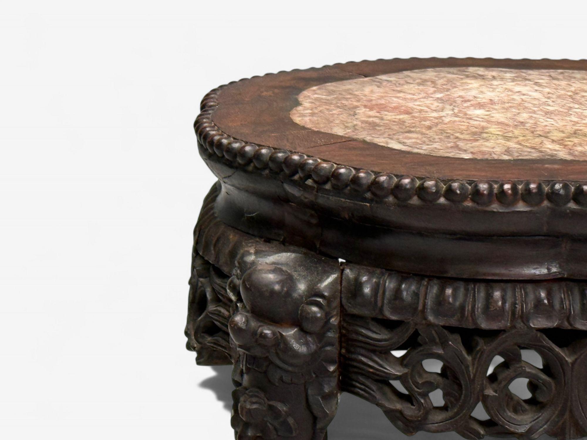 Chinese Export, Carved Hardwood Table, Marble, Low Pedestal, China, 1930s For Sale 1