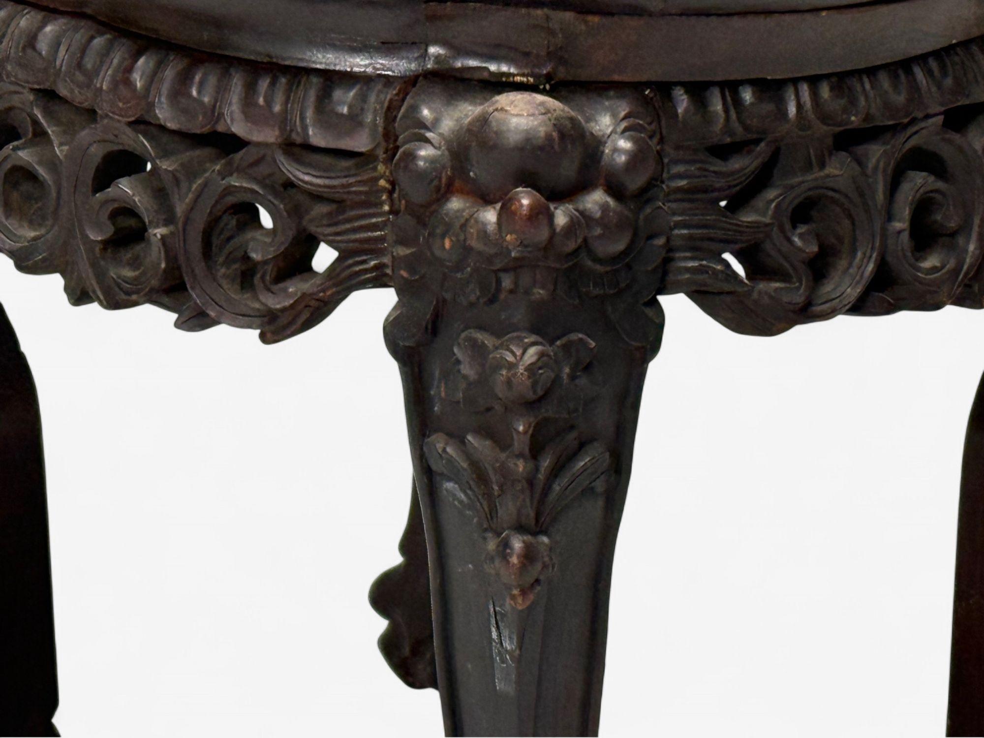 Chinese Export, Carved Hardwood Table, Marble, Low Pedestal, China, 1930s For Sale 2