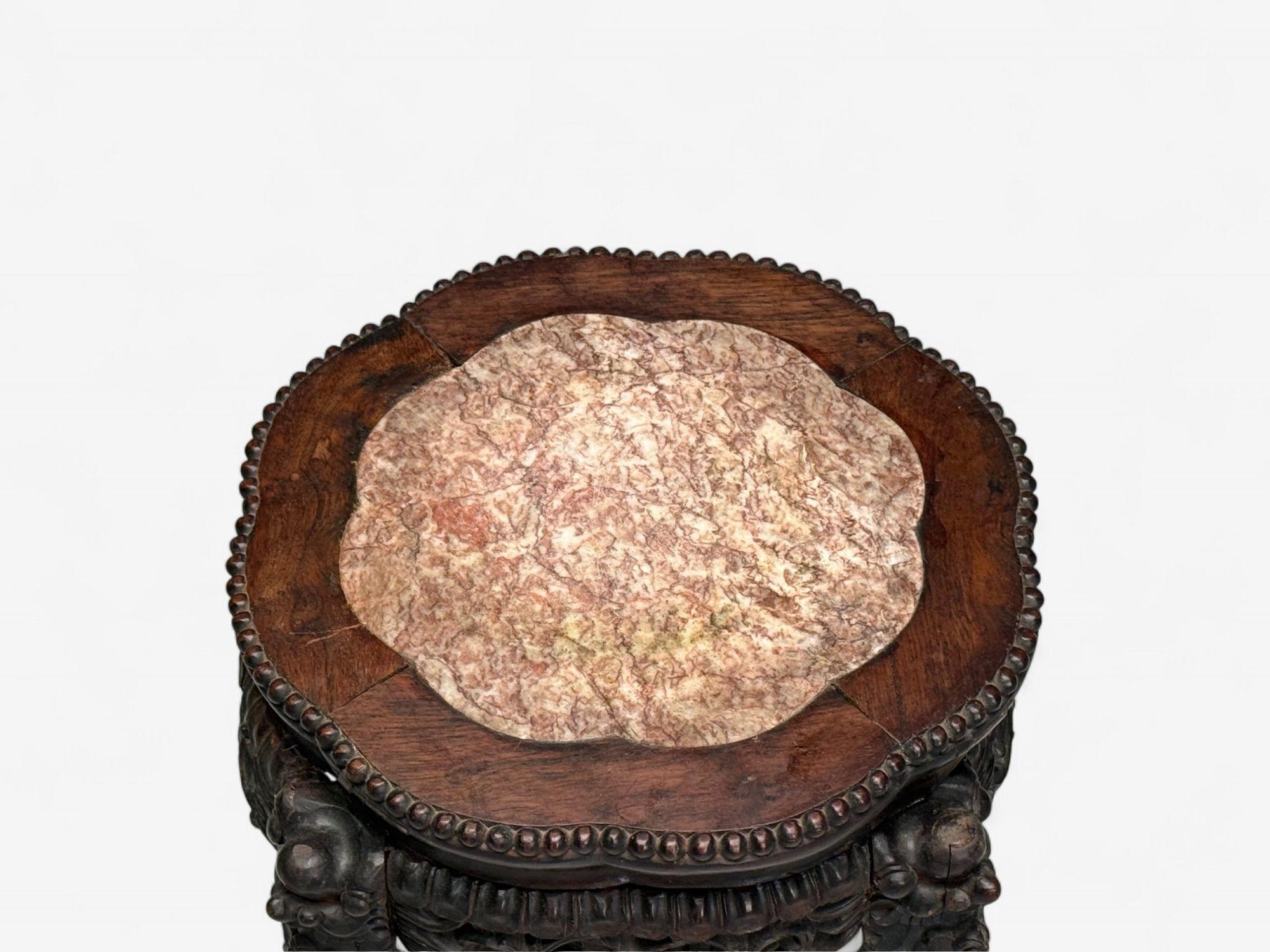 Chinese Export, Carved Hardwood Table, Marble, Low Pedestal, China, 1930s For Sale 4