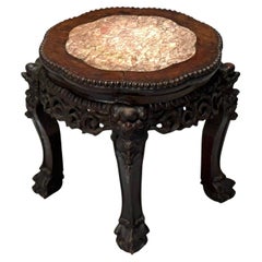 Chinese Export, Carved Hardwood Table, Marble, Low Pedestal, China, 1930s