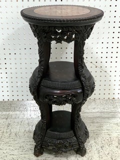 Chinese Export Carved Hardwood Three-Tier Marble Top Pedestal