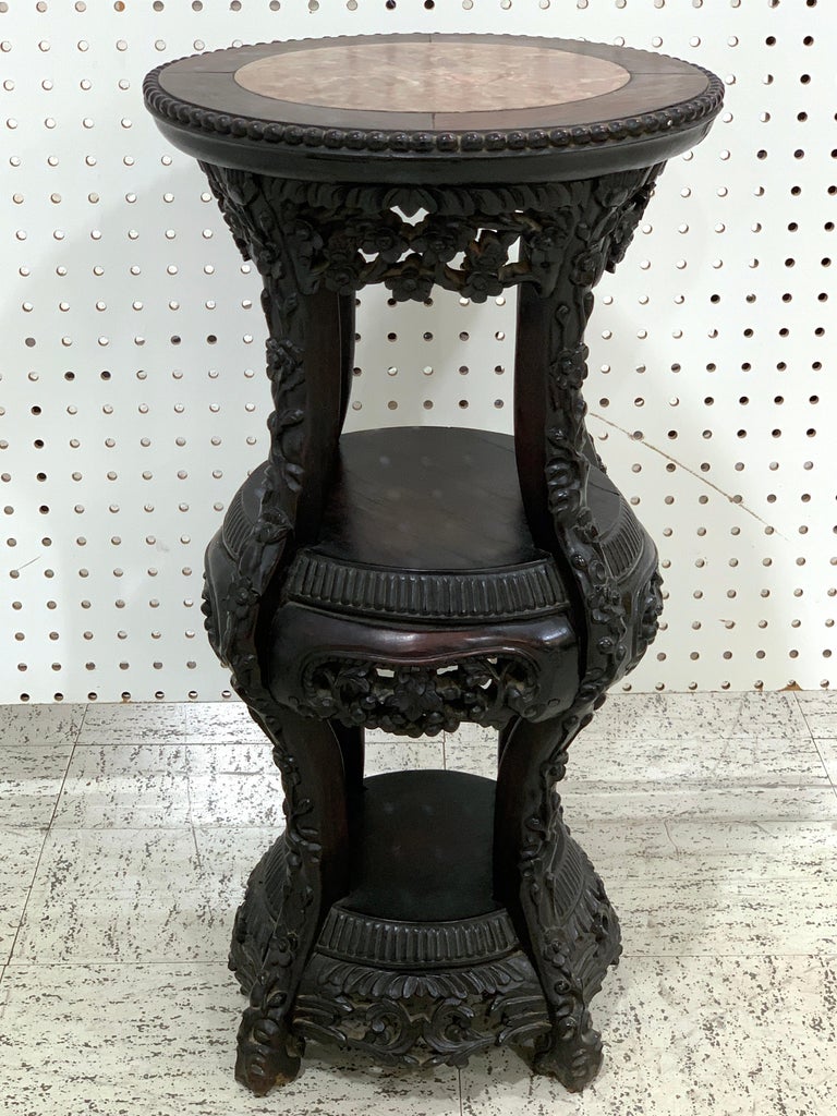 Chinese export carved hardwood three-tier marble top pedestal, finely carved, with inset marble top- the diameter of the top is 12