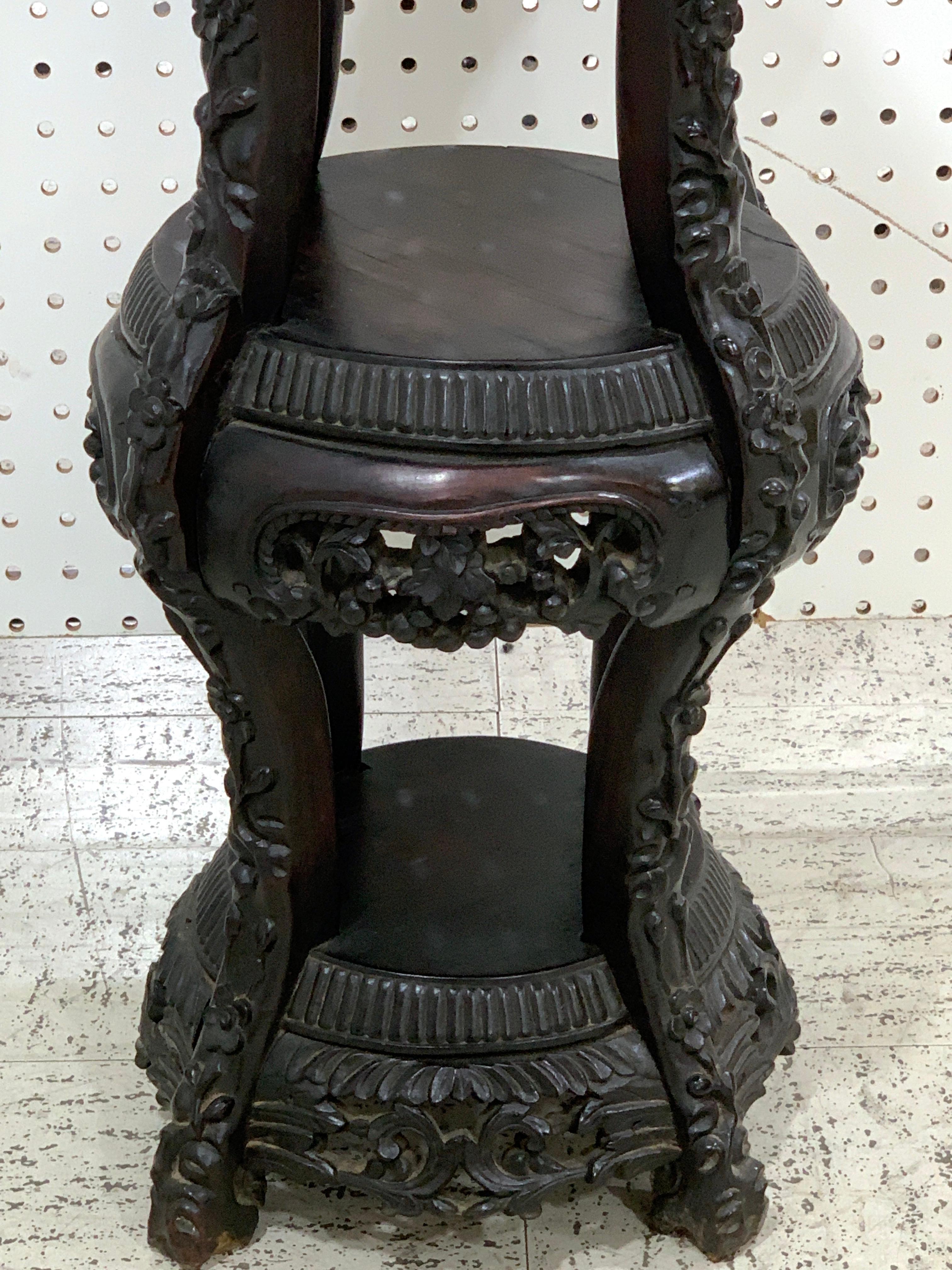Chinese Export Carved Hardwood Three-Tier Marble Top Pedestal 1