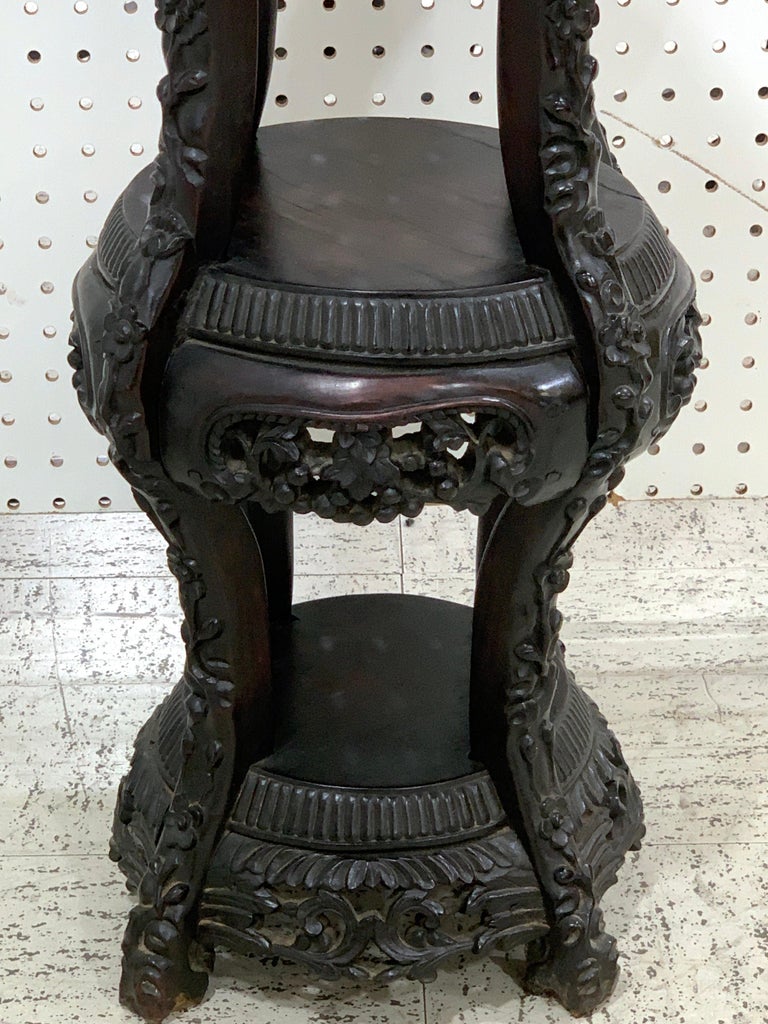 Chinese Export Carved Hardwood Three-Tier Marble Top Pedestal For Sale 1