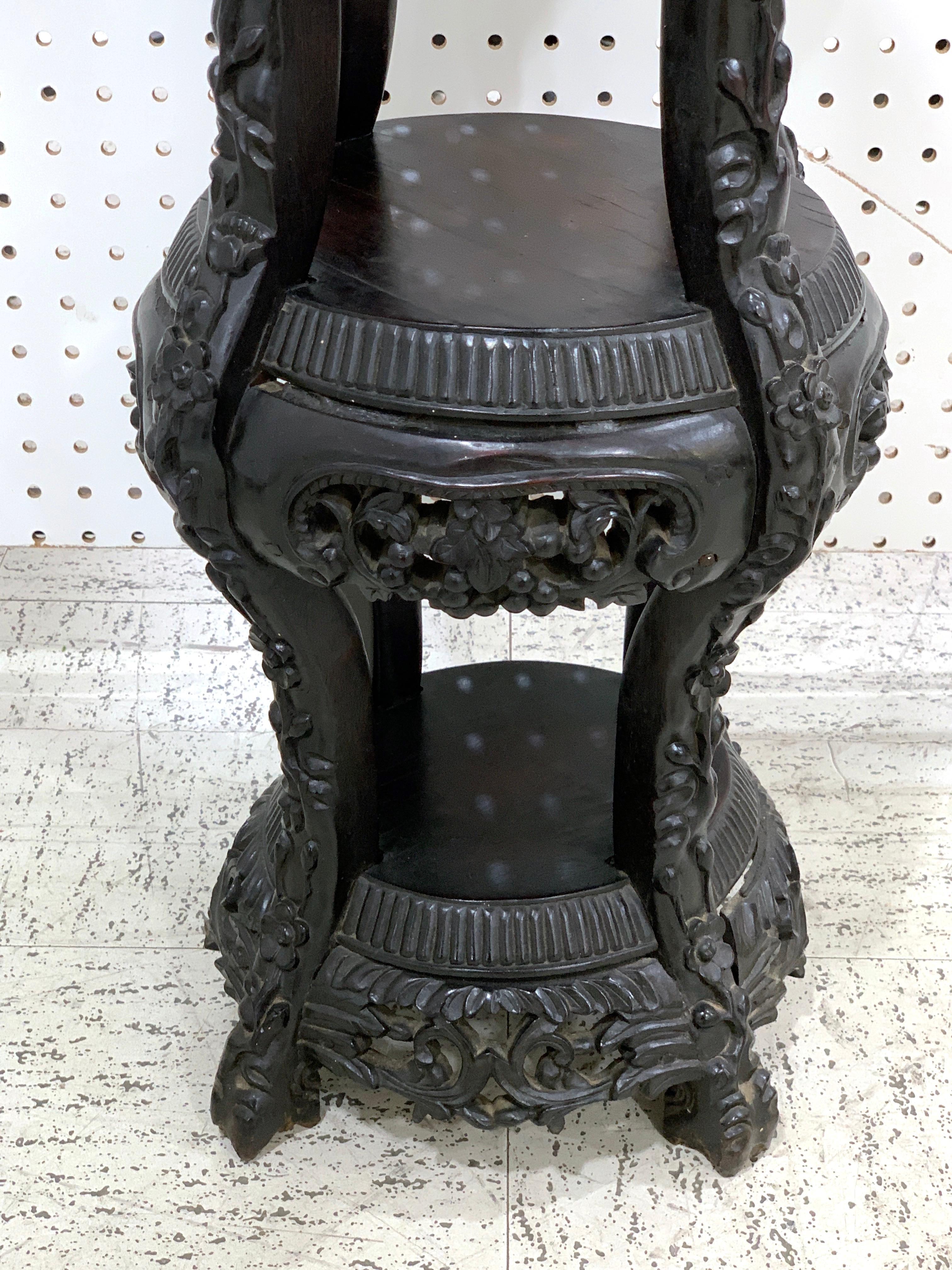 Chinese Export Carved Hardwood Three-Tier Marble Top Pedestal 2