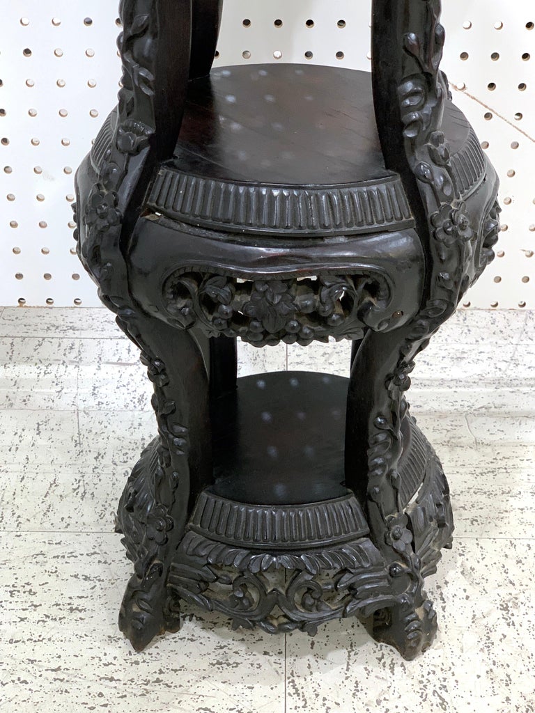 Chinese Export Carved Hardwood Three-Tier Marble Top Pedestal For Sale 2