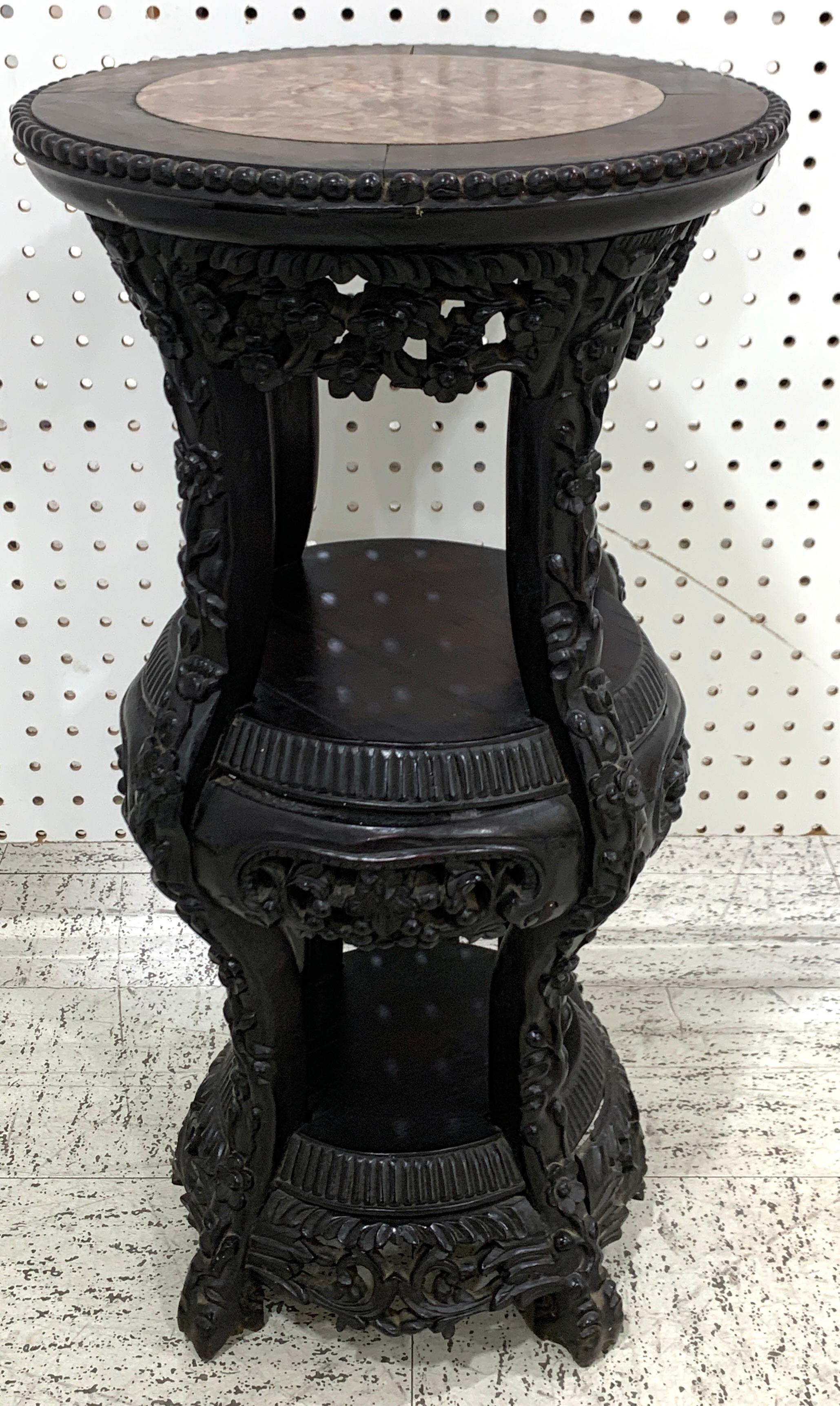 Chinese Export Carved Hardwood Three-Tier Marble Top Pedestal 4