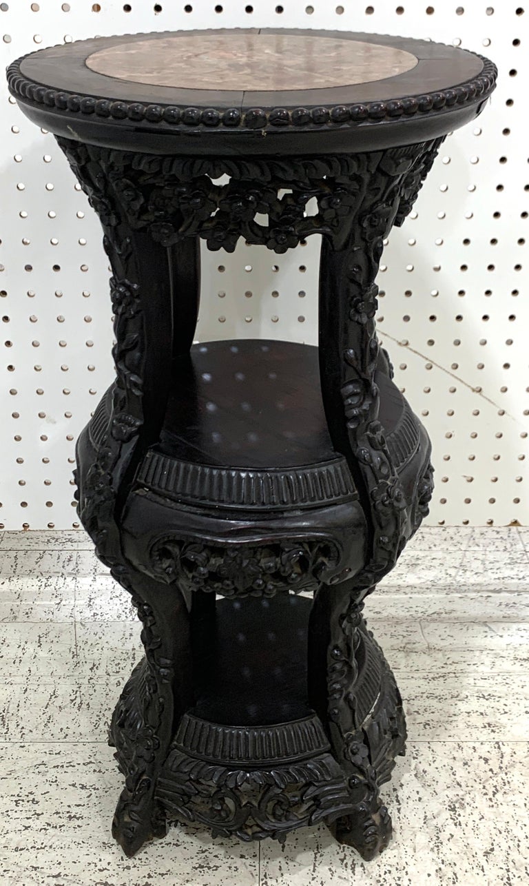 Chinese Export Carved Hardwood Three-Tier Marble Top Pedestal For Sale 4