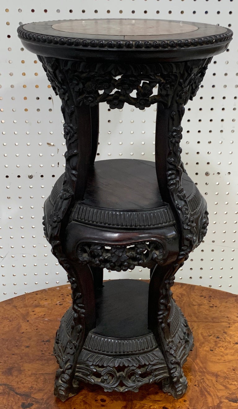 Chinese Export Carved Hardwood Three-Tier Marble Top Pedestal For Sale 5
