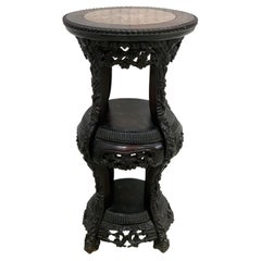 Chinese Export Carved Hardwood Three-Tier Marble Top Pedestal