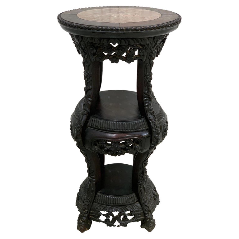 Chinese Export Carved Hardwood Three-Tier Marble Top Pedestal For Sale