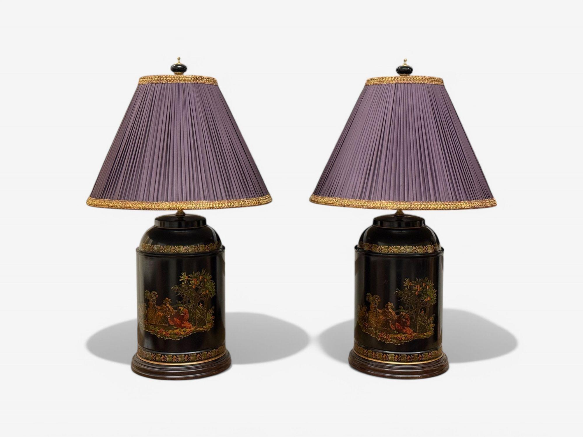 Chinese Export, Chinoiserie, Black Metal, Canister Lamps, Silk Shades, 1960s In Good Condition For Sale In Manhasset, NY
