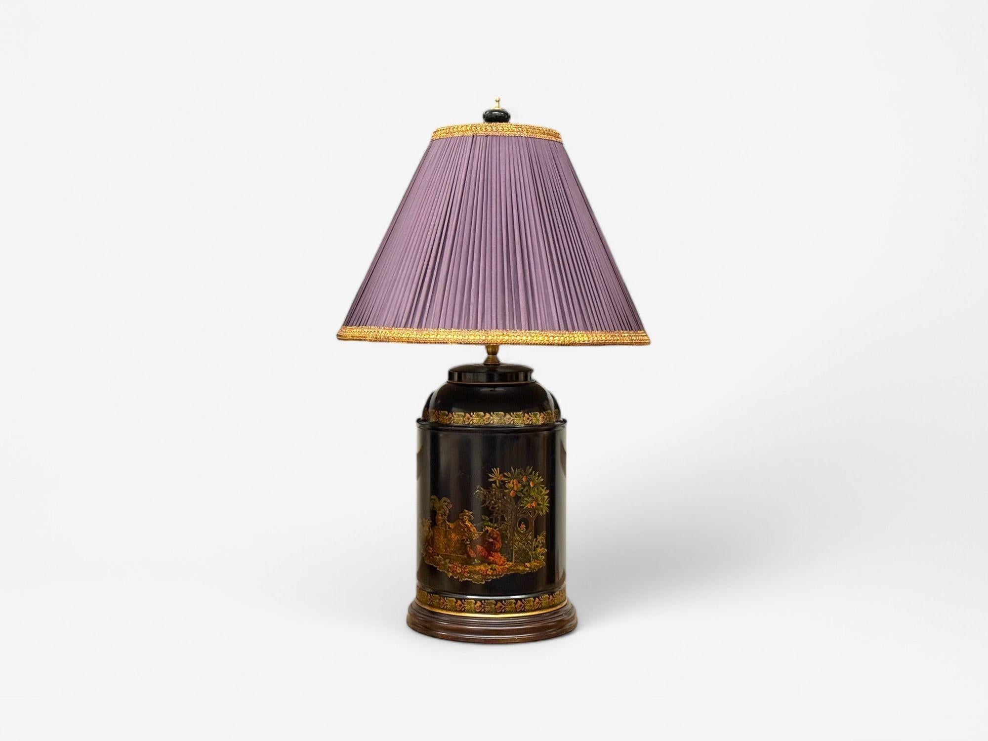 Mid-20th Century Chinese Export, Chinoiserie, Black Metal, Canister Lamps, Silk Shades, 1960s For Sale