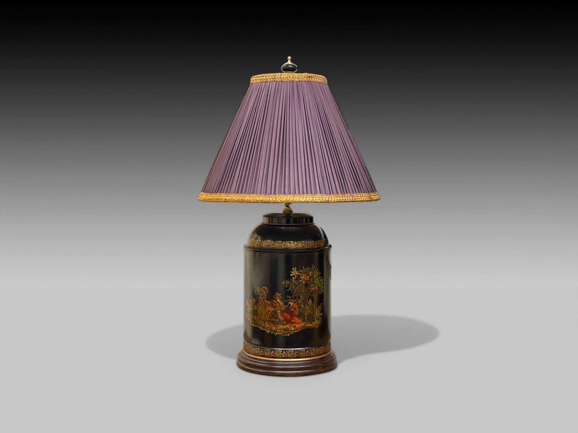 Chinese Export, Chinoiserie, Black Metal, Canister Lamps, Silk Shades, 1960s For Sale 2