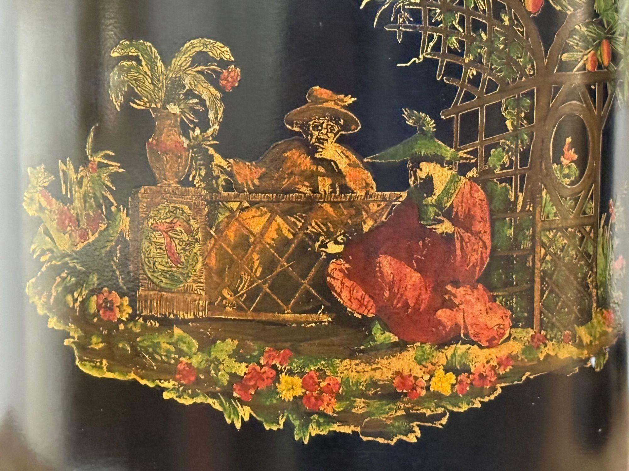Chinese Export, Chinoiserie, Black Metal, Canister Lamps, Silk Shades, 1960s For Sale 3