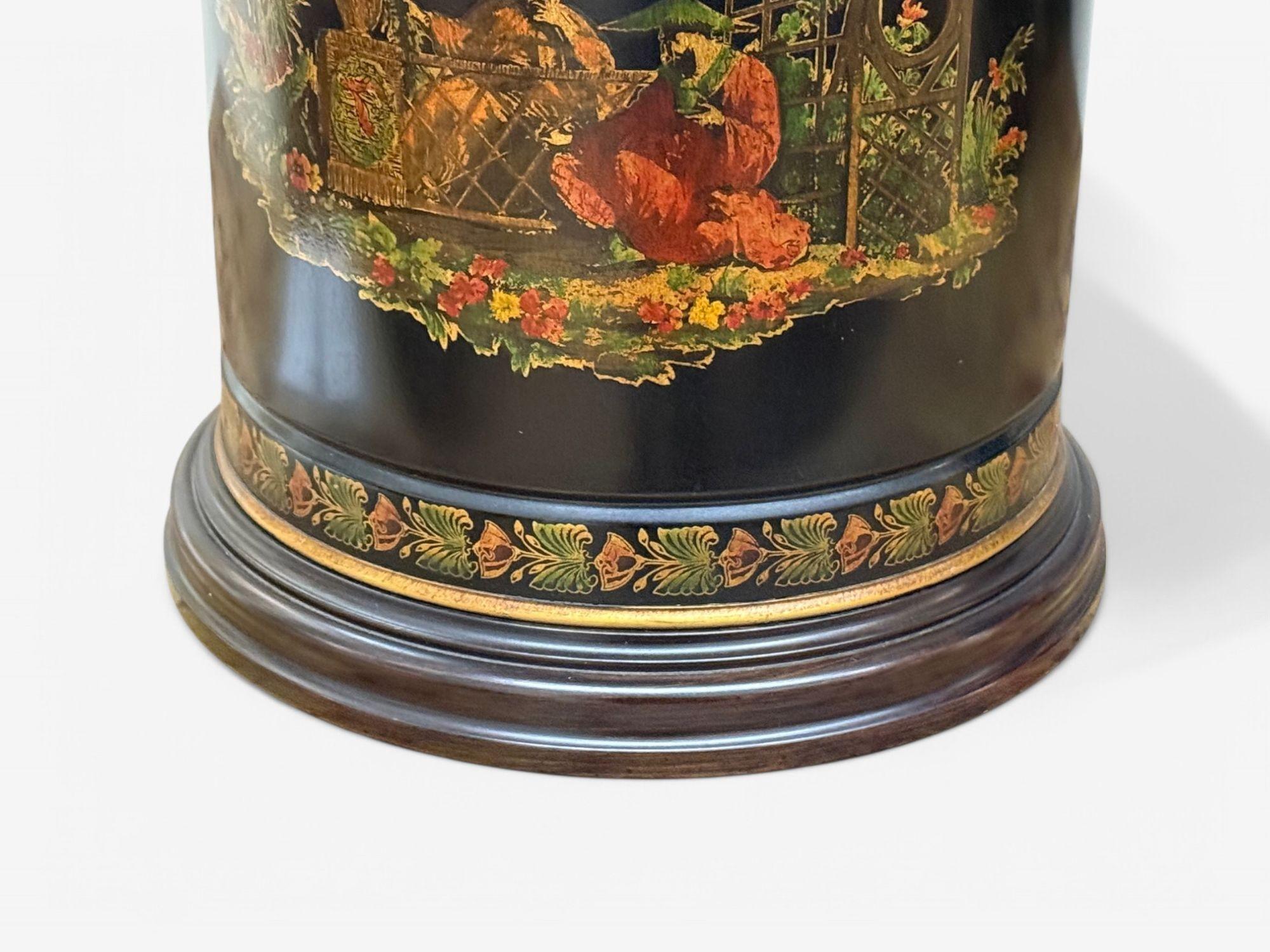 Chinese Export, Chinoiserie, Black Metal, Canister Lamps, Silk Shades, 1960s For Sale 4