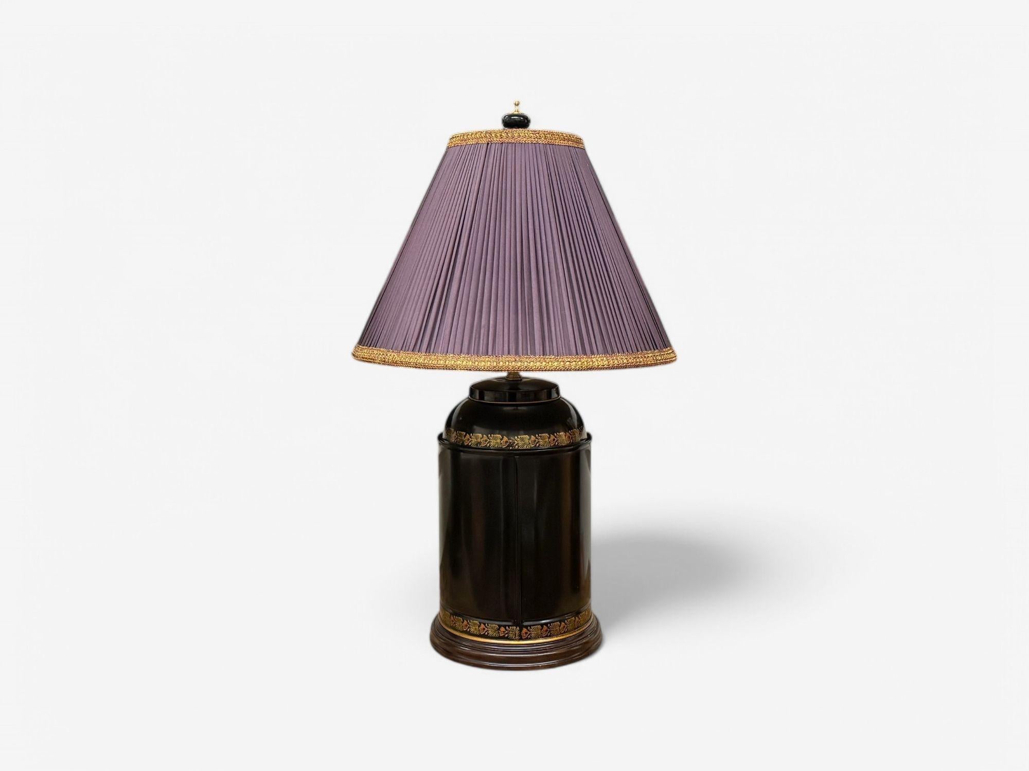 Chinese Export, Chinoiserie, Black Metal, Canister Lamps, Silk Shades, 1960s For Sale 5